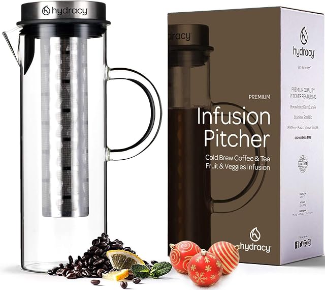Hydracy Szklana karafka infuzyjna, 1,5 l z uchwytem, dzbanek do gorącej kawy Cafetières - dzbanek do kawy mrożonej i mrożonej herbaty z pokrywką i filtrem ze stali nierdzewnej, dodatkowa rurka do