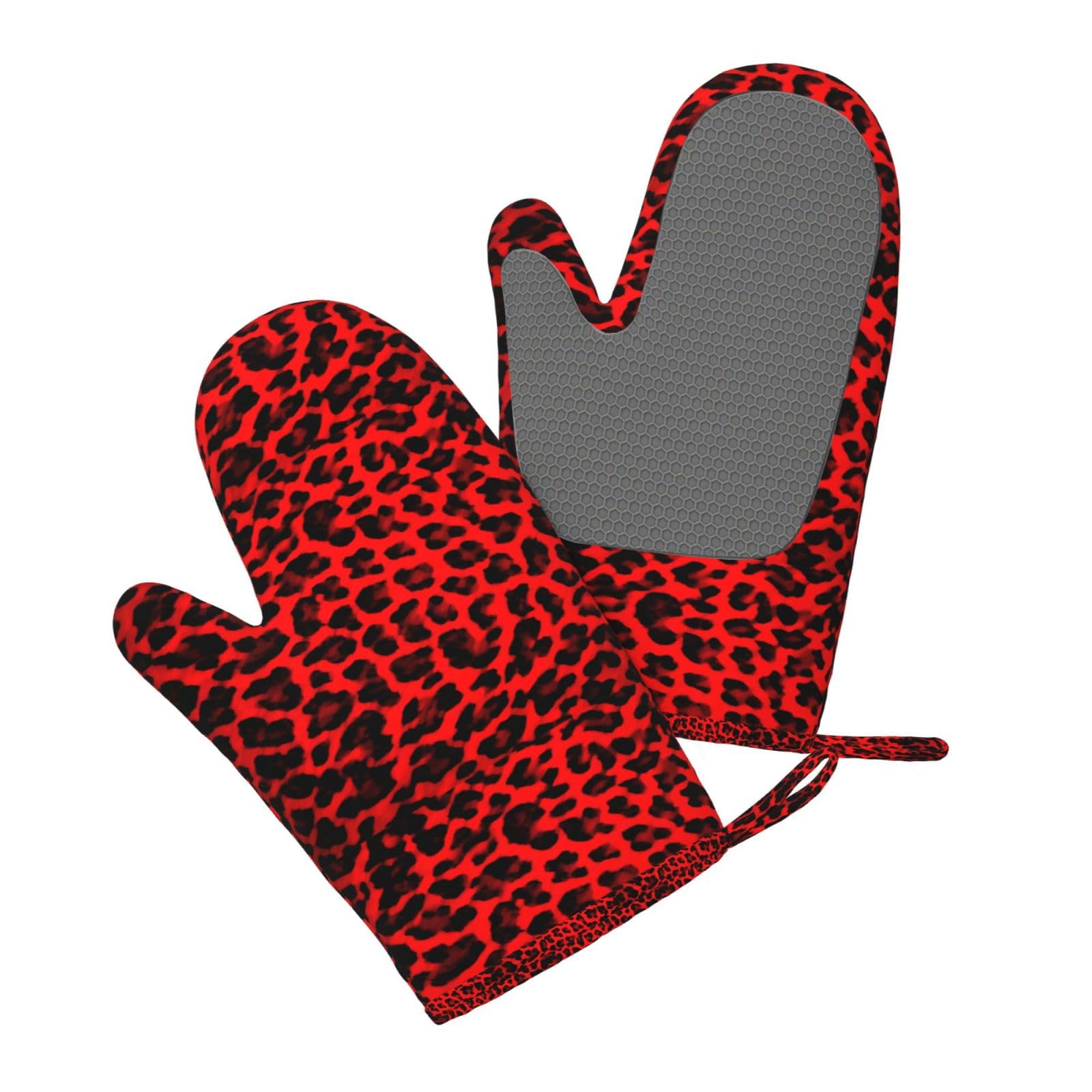 Ensemble de Quatre Gants et maniques résistants à la Chaleur, Gants de Cuisine antidérapants, maniques de Four, Motif léopard Rouge