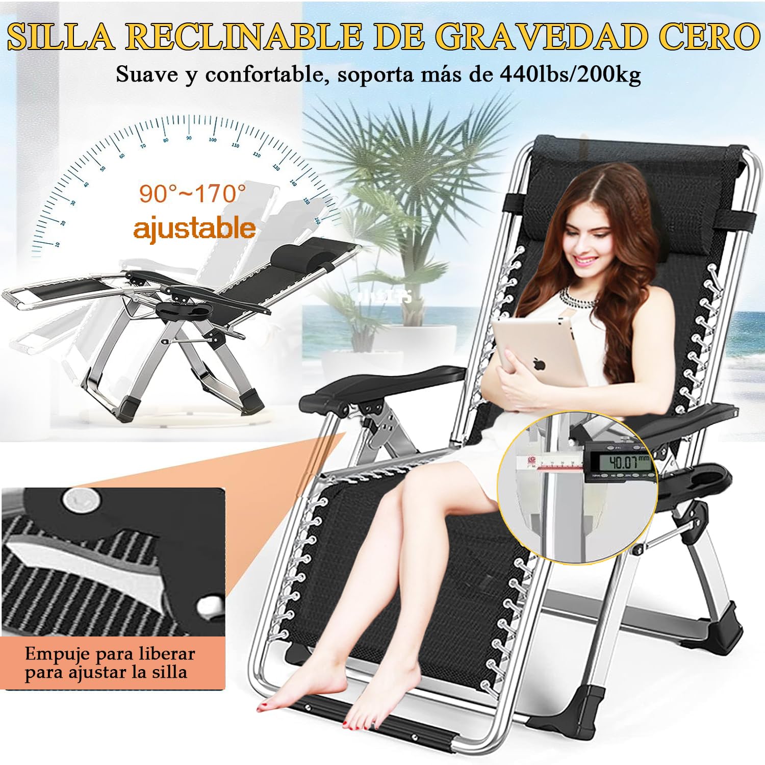 Tumbona Plegable Interior, Tumbonas Jardin Exterior Acolchada Pack de 2 Silla Gravedad Cero Reclinable Camping con Soporte para Bebidas Carga MáXima 200kg (Cojín Negro)