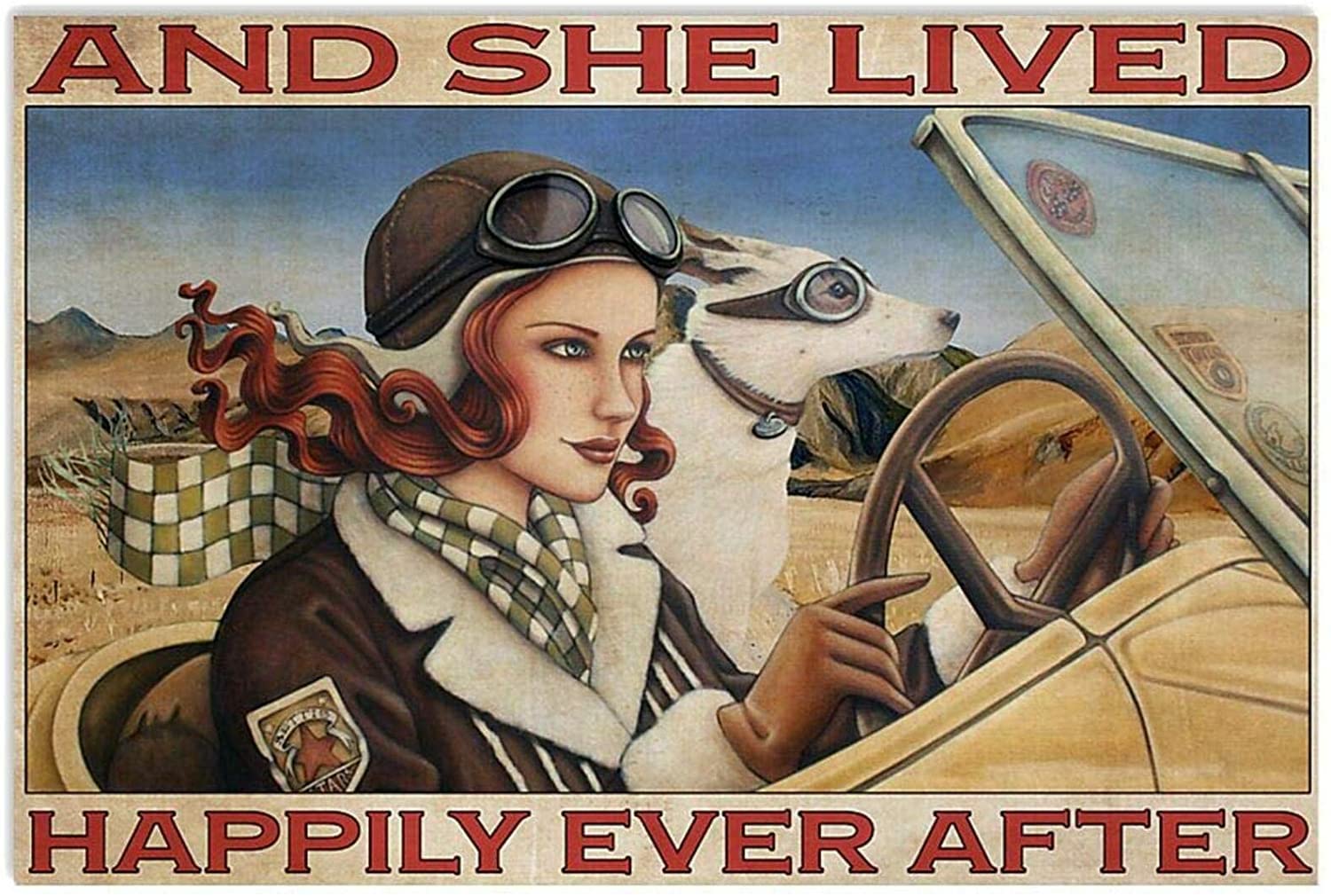She Lives Happily Driving Girl and her Dog Gift for Racing Lover Tin Sign, Wall Decor, Metal Sign, Home Bar, Garage Tin Sign 12x8inch
