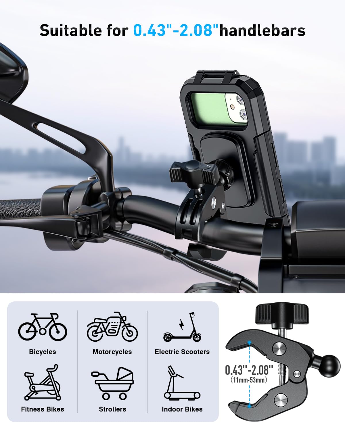 LUROON Porta Cellulare Moto, Universale Porta Cellulare da Bicicletta Impermeabile con Rotazione a 360°, Portatelefono Moto Manubrio Toccare ID Viso ID Compatibile con Smartphone da 5,5 "a 7,0"