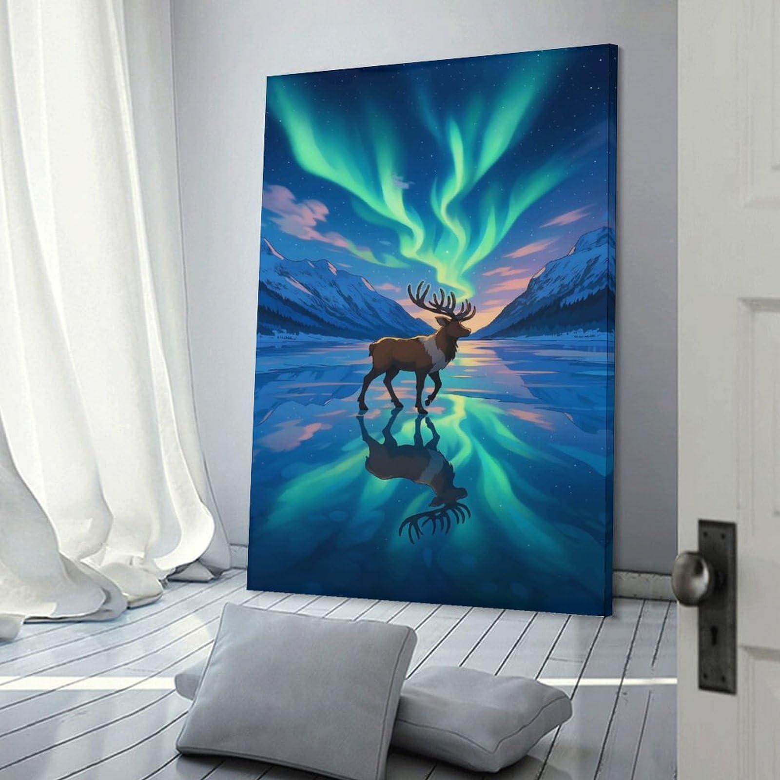 Junmoney Room Decor Wall Art Reindeer Under Aurora Borealis, 12x18inch(30x45cm), for Workspace Walls, Study Corners Or Bedrooms, A Smart Decor Choice for Study Walls