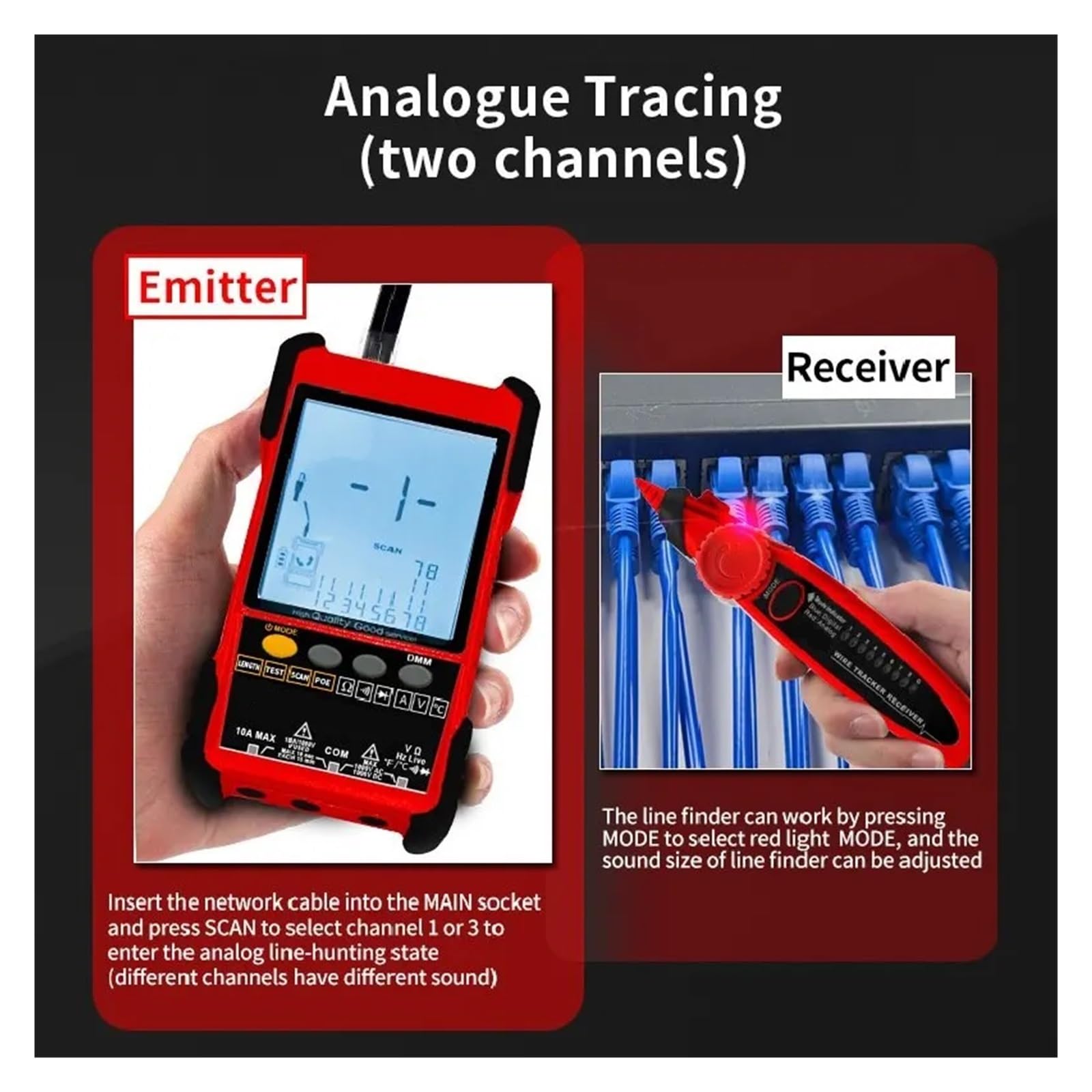 Tester for Cavi di Rete Multimetro Tracciamento Cavi LAN Test Poe 400M/600M Lunghezza Misura Sensibilità Tracker di Linea Regolabile Leggero E Portatile(ET616)