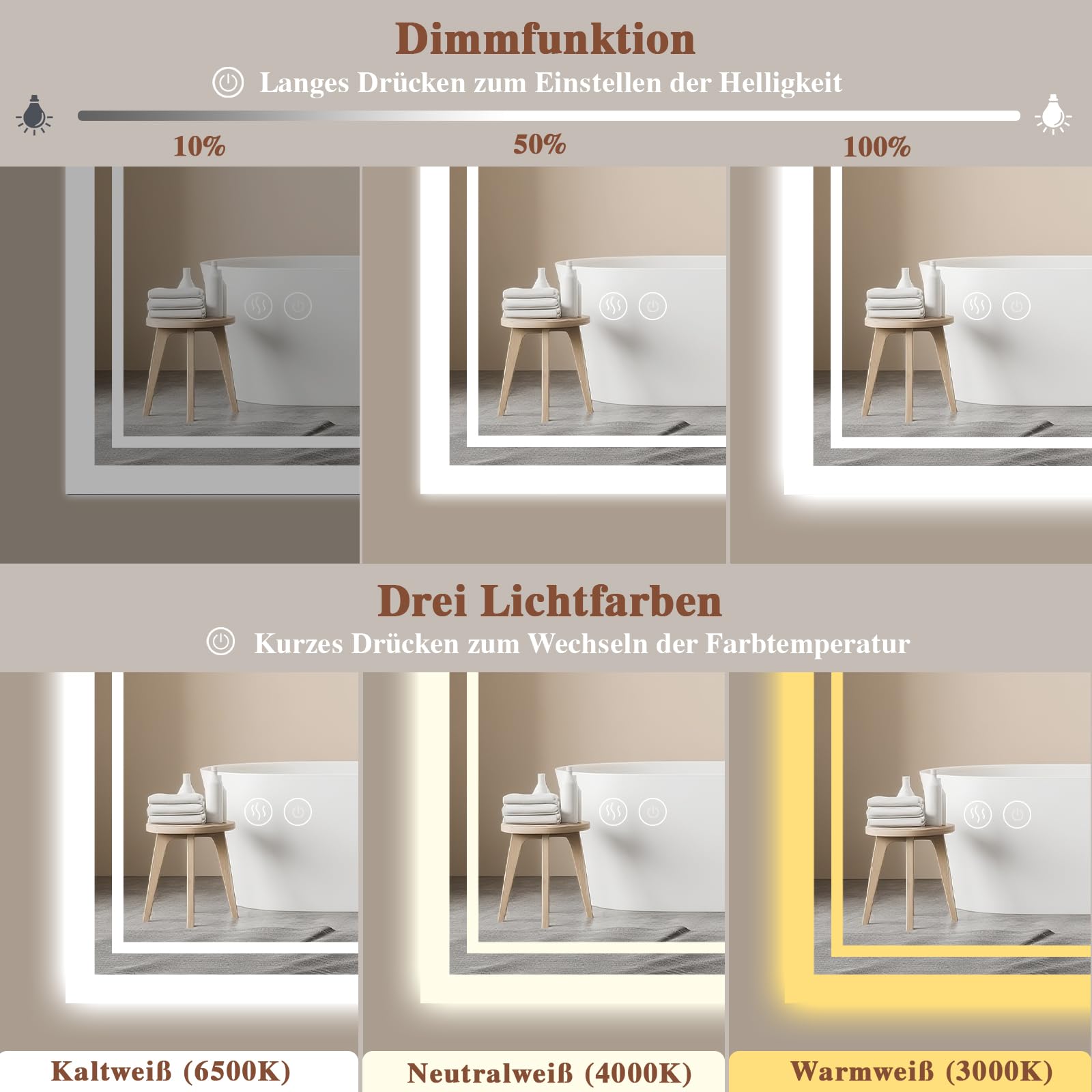 Badspiegel-mit-Beleuchtung 100x70cm - Badezimmer Spiegel mit Beschlagfrei - LED Badezimmerspiegel mit Touch-Schalter,Dimmbar,3 Lichtfarben Wandspiegel Horizontal/Vertikal