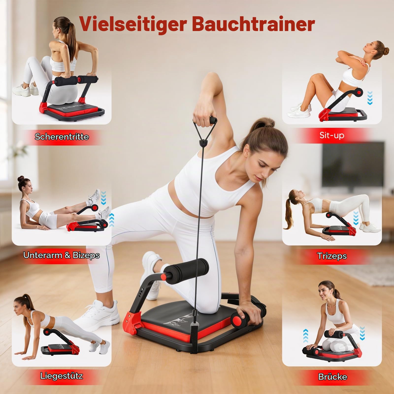 Bauchtrainer für Zuhause 4 Widerstandsstufen – Ganzkörper Core-Trainer für Zuhause, 150 kg belastbar, tragbares Fitnessgerät für Sit-ups, Arme & Beine