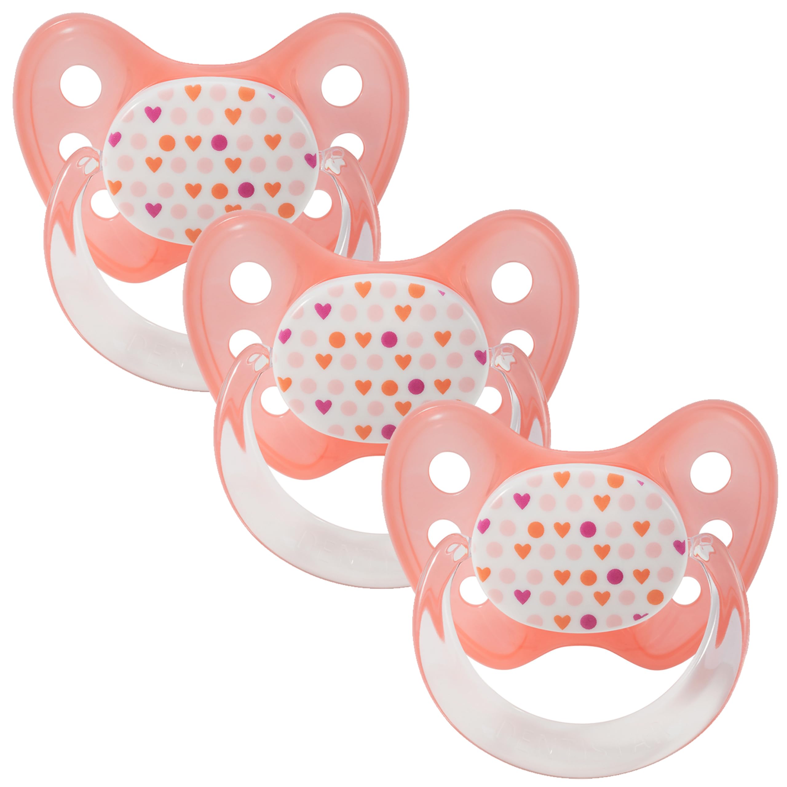 dentistar Silikon Schnuller 3er-Set - Größe 2, 6-14 Monate - Zahn- & kieferfreundlicher Nuckel mit Dental-Stufe – BPA-frei – Made in Germany - Punkte & Herzen, Orange