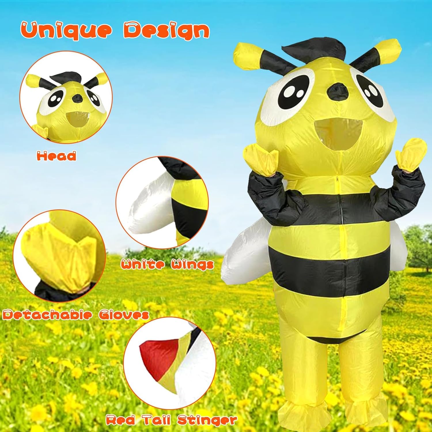 Inflatable Bumble Bee Costume for Adult, Full Body Blow Up Bee Costumes for Men and Women, Fancy Insects Costume Outfit for Funny Halloween Cosplay Party