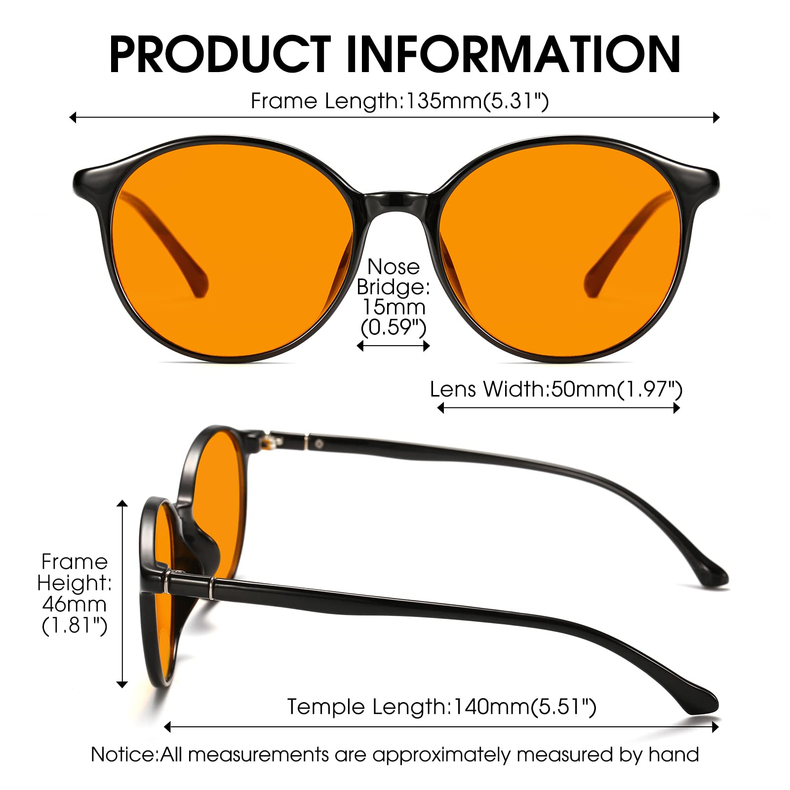 LIKSMU Lentes de bloqueo de luz azul 99.99% para videojuegos, TV, teléfono, gafas de dormir, filtro profesional, antifatiga ocular, vintage, marco negro, lente ámbar naranja