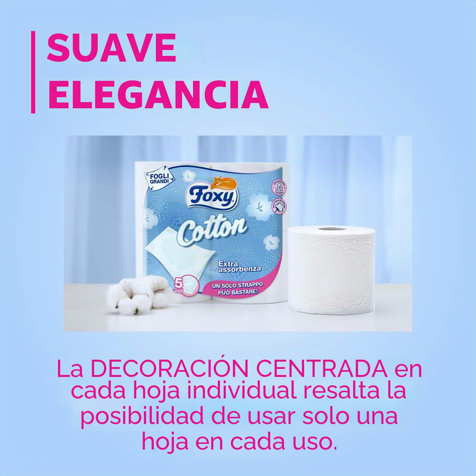 Foxy Papel higiénico de algodón, 5 capas, 56 rollos, 120 tiras para rollo, hojas extra grandes, con fibras reales de algodón, papel 100 por ciento certificado FSC, paquete 100 por ciento reciclable