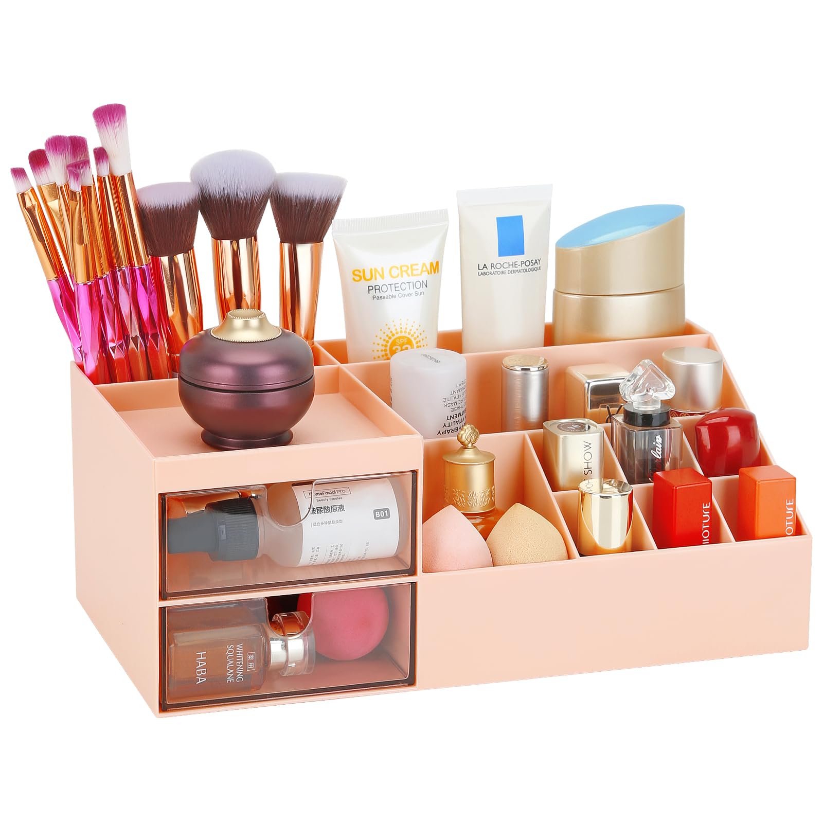 LETURE Desk Organizer, Cosmetic Makeup Vanity Organizer Box, Bathroom Counter Makeup Storage for Eyeshadows, Skin Care, Concealers, Powders, Nail Polish (Pink Color)