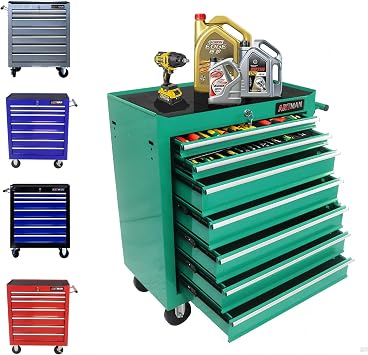 Rolling Tool Chest, 7-Drawer Tool Cabinet with Wheels, Heavy-Duty Steel Tool Storage Cabinet, Lockable Tool Box on Wheels for Garage & Workshop, Green