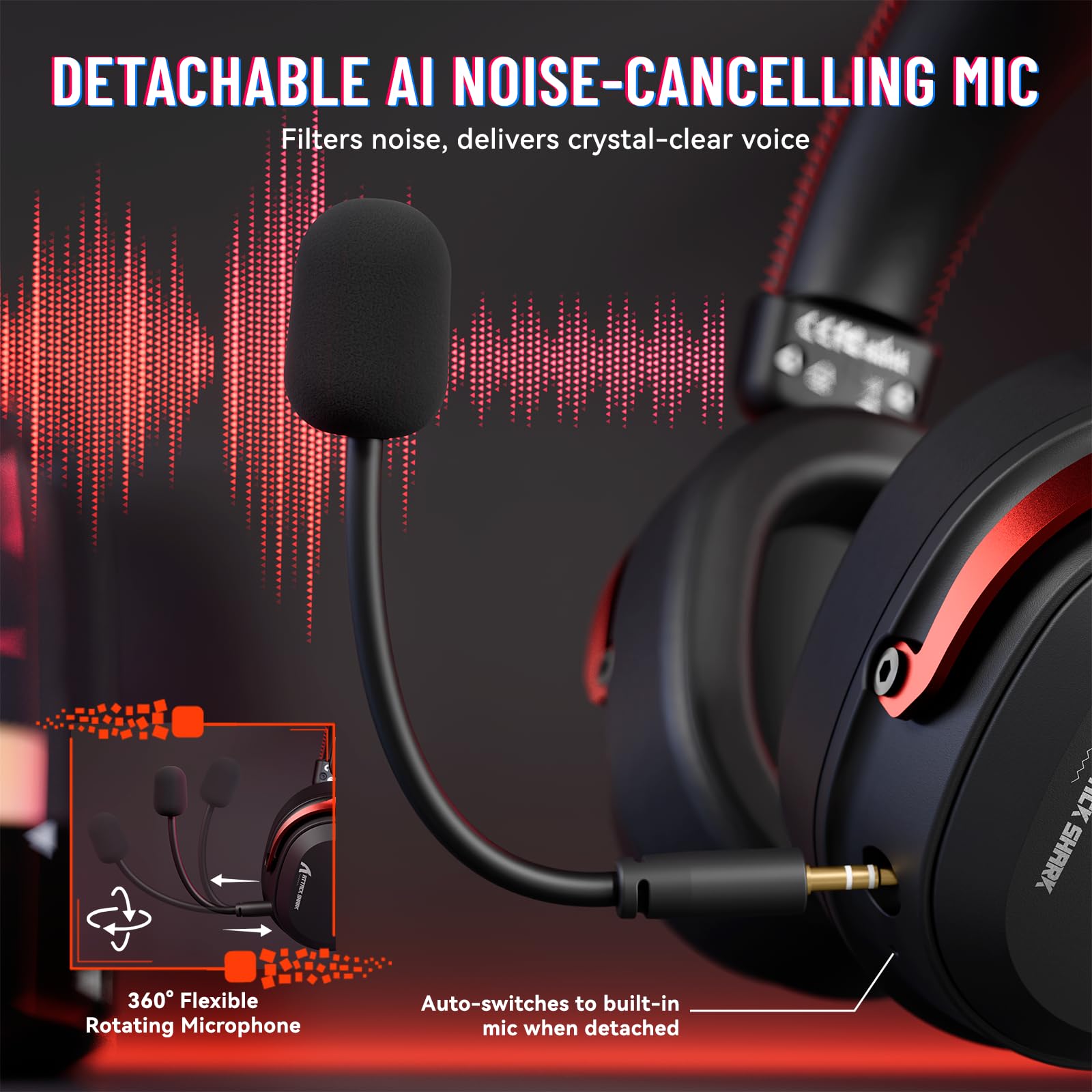 ATTACK SHARK L30PRO Auriculares Gaming Inalámbricos, Sonido Surround 7.1 Drivers 50mm, 3 Modos 2.4G/BT 5.3/Cable con Micro Desmontable para PC/PS/Xbox/Switch, 84H de Juego-Negro Rojo