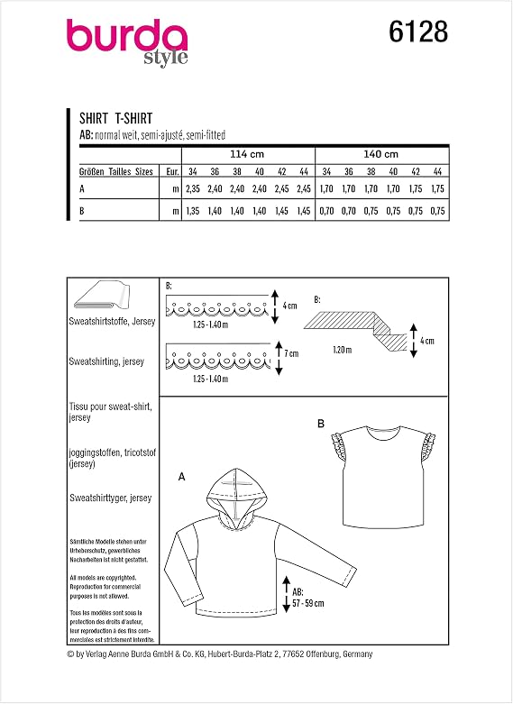 Burda Style Misses' Hoodie or Sleeveless Sweatshirt Top, Code 6128 Sewing Pattern Kit, Sizes 8-18, Multicolor
