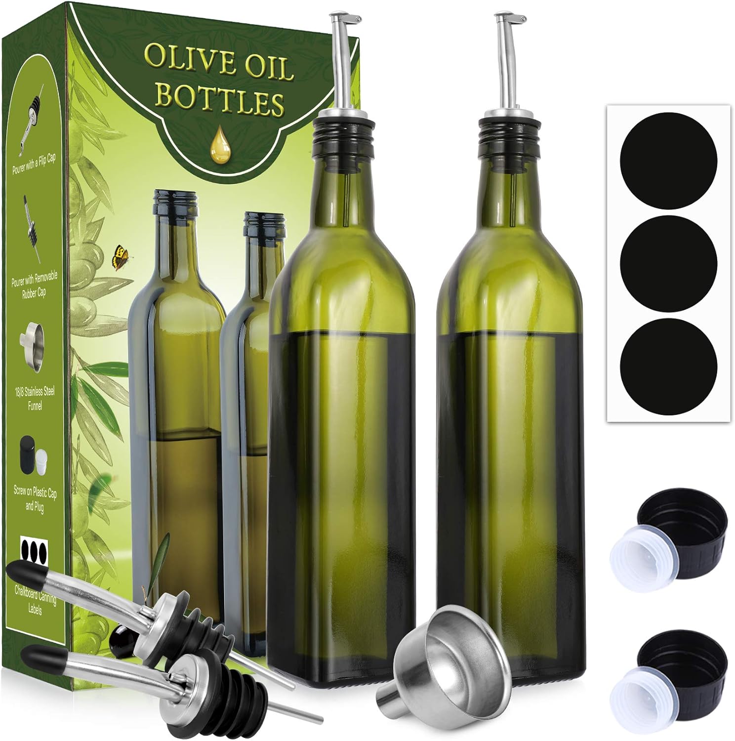 AOZITA [2 PACK 17 oz Glass Olive Oil Dispenser Bottle Set - 500ml Dark Green Oil