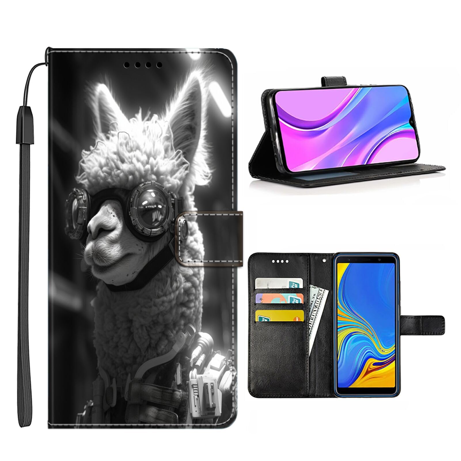 Wallet Case for Samsung Galaxy A6s with Alpaca-aa34 PU Leather Card Holder Kickstand Flip Cover and Wrist Strap