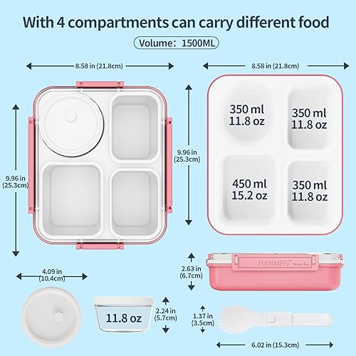 Miniatura 2 de HANMFEI Lonchera Bento, lonchera para adultos de 50.7 fl oz, lonchera de 4 compartimentos para niños con salsa a prueba de fugas (rosa,