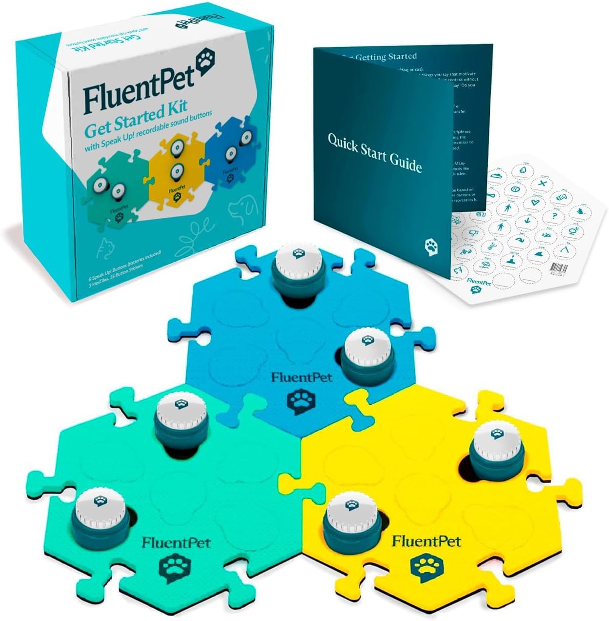 Speak Up Get Started Kit with Clearer Upward-Facing Sound - 6 Recordable Buttons w/Pre-Installed Batteries & 3 HexTile Button Mats | Training Dog & Cat Communication Buttons