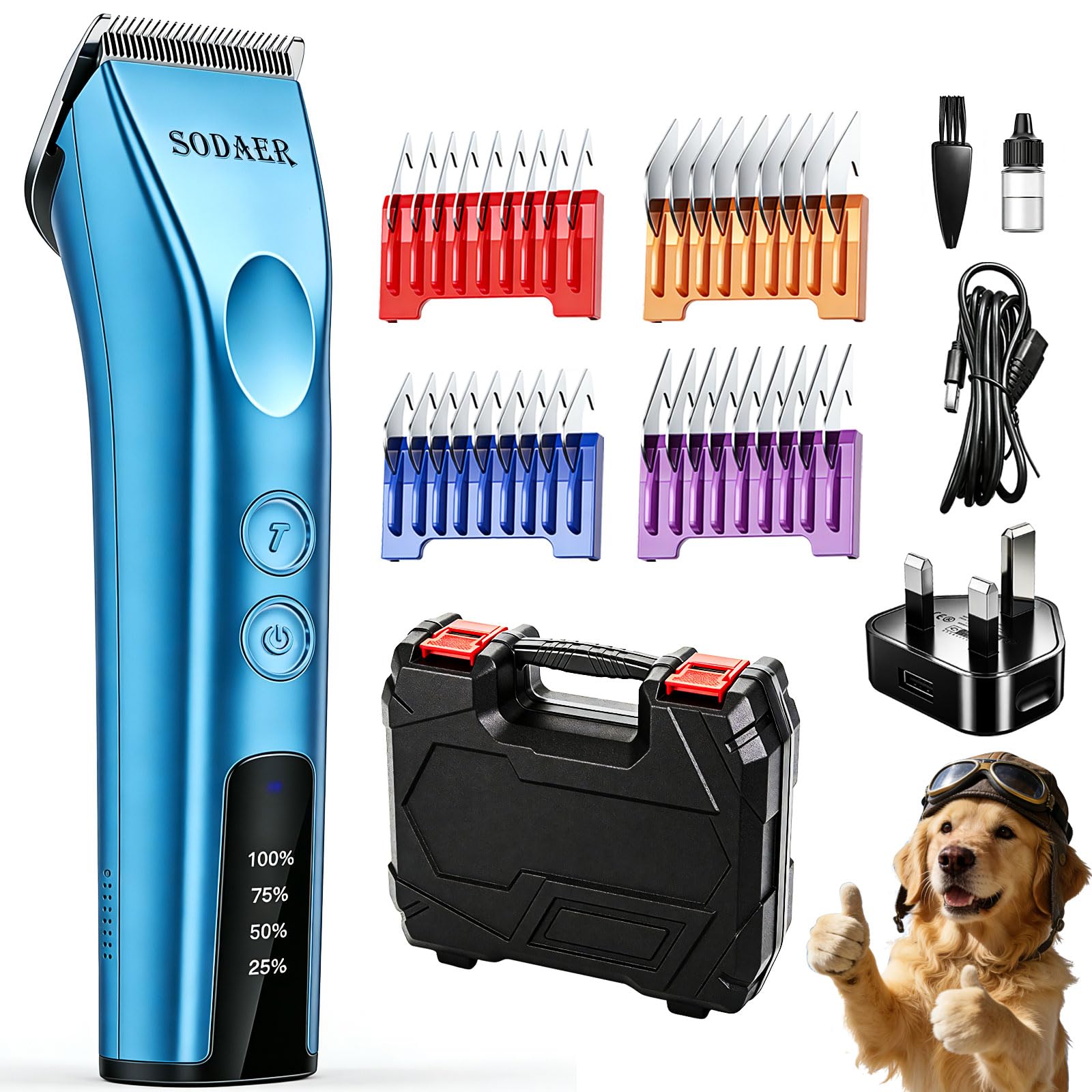 Professional Animal Dog and Horse Cordless Hair Clipper Grooming Kit with 5 in 1 Blade Low Noise & High Power Rechargeable Cordless Pet Grooming Clipper for for Thick Heavy Coats (Blue)