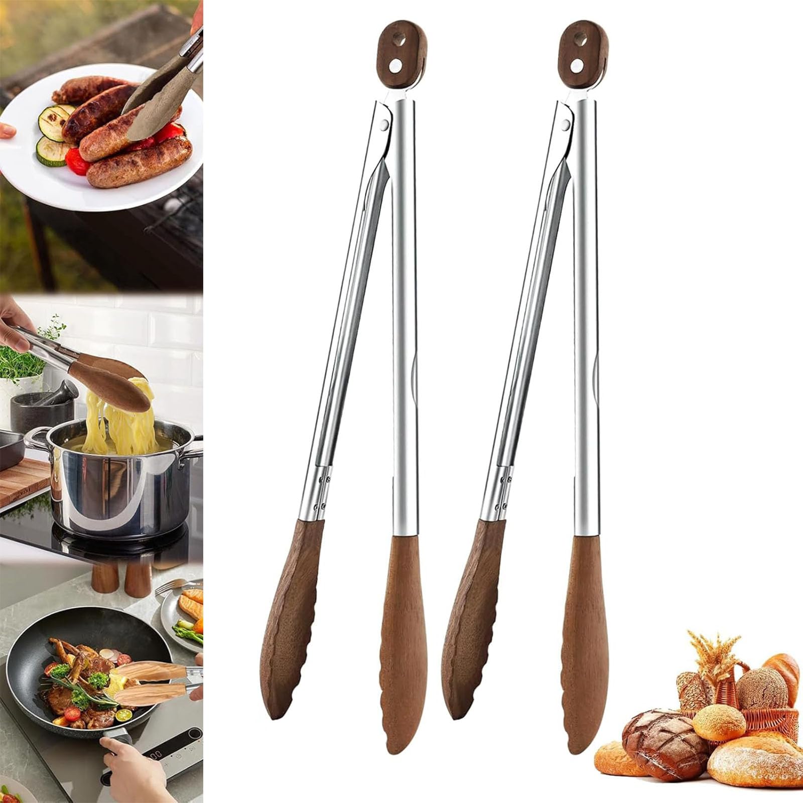 Küchenzange aus Holz, hitzebeständige Kochutensilien mit Verriegelungsclip, rutschfestes Design für BBQ und Salat, 2 Stück langlebige Walnussholzzange