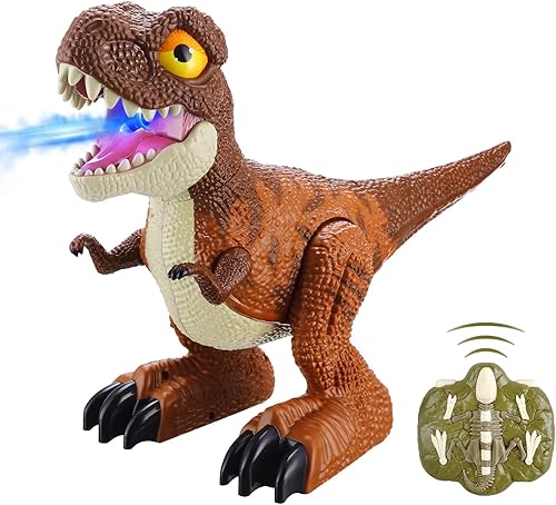 ALLCELE - Juguetes de dinosaurio, tiranosaurio rex RC con luces y música, funciones de demostración automática y pulverización, regalo para niñas y