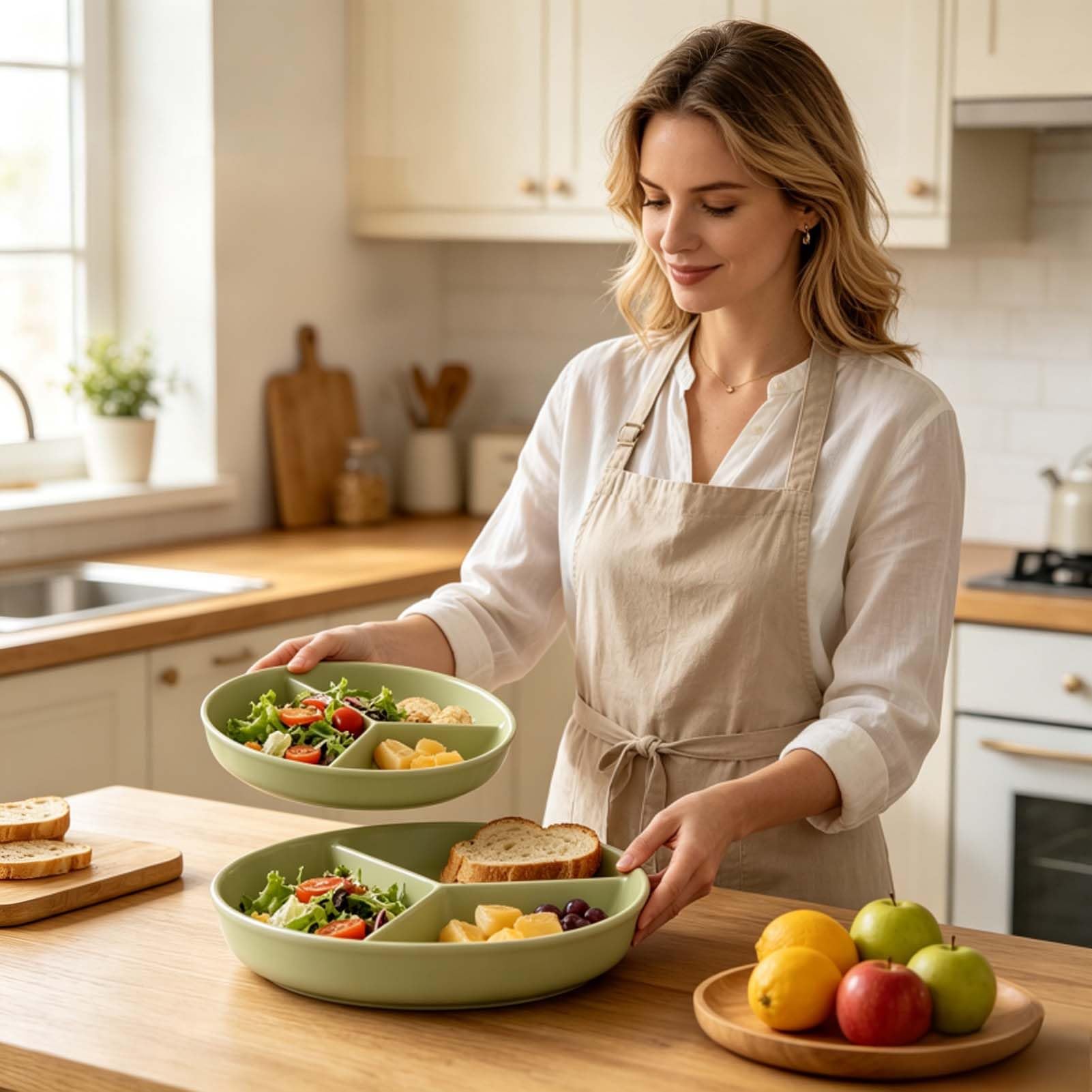 Keramik Teller 3 Fächer, Abteilteller Für Speisen, Geteilte Servierplatte, Dreiteilige Mahlzeitenteller Für Reis, Beilagen, Gemüse, Fleisch, Meal Prep, Familienessen