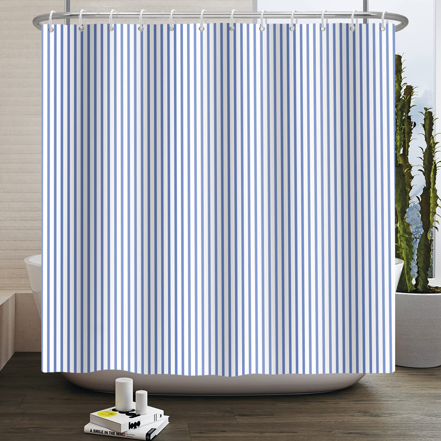 183x198cm Tenda da Doccia per Bagno, Blu Bianco Tende da Doccia a Righe Verticali Tenda Decorativa per Bagno Europeo Tenda da Bagno Impermeabile per la Decorazione della Vasca