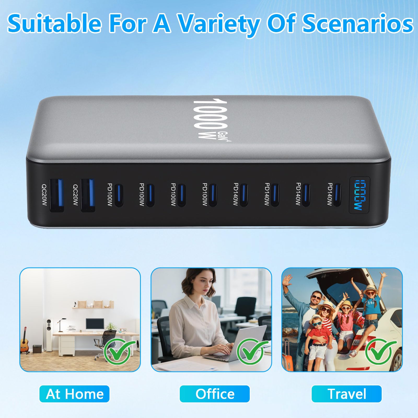 Chargeur USB C multiple 1000 W - 10 ports - Chargeur rapide pour ordinateur portable - Station de charge compatible avec MacBook Pro/Air, iPad, iPh0ne, Galaxy S25, etc