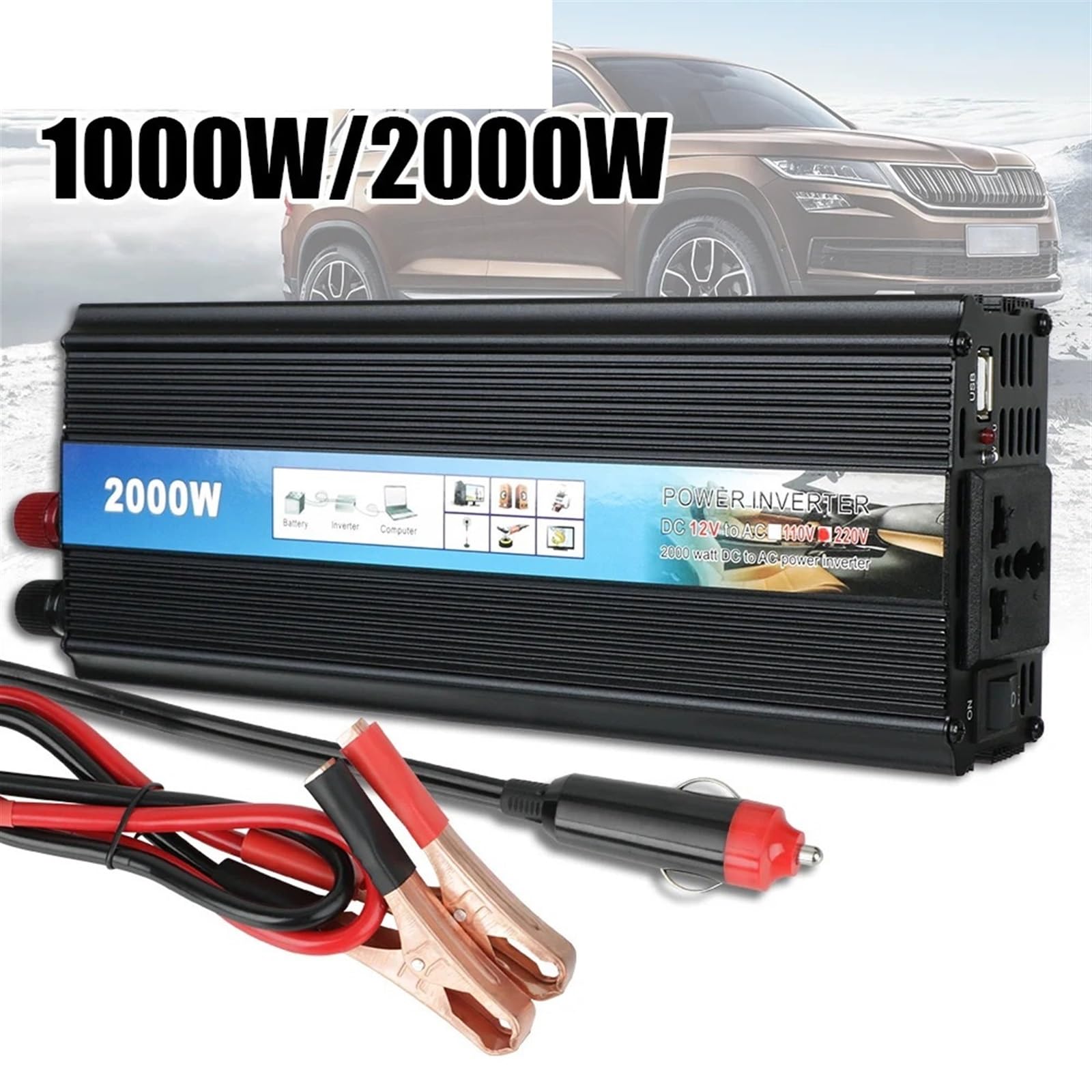 Inwertery, Modyfikowany falownik sinusoidalny 1000 W 2000 W Przetwornica napięcia samochodowego z ładowarką USB DC na AC(2000W)