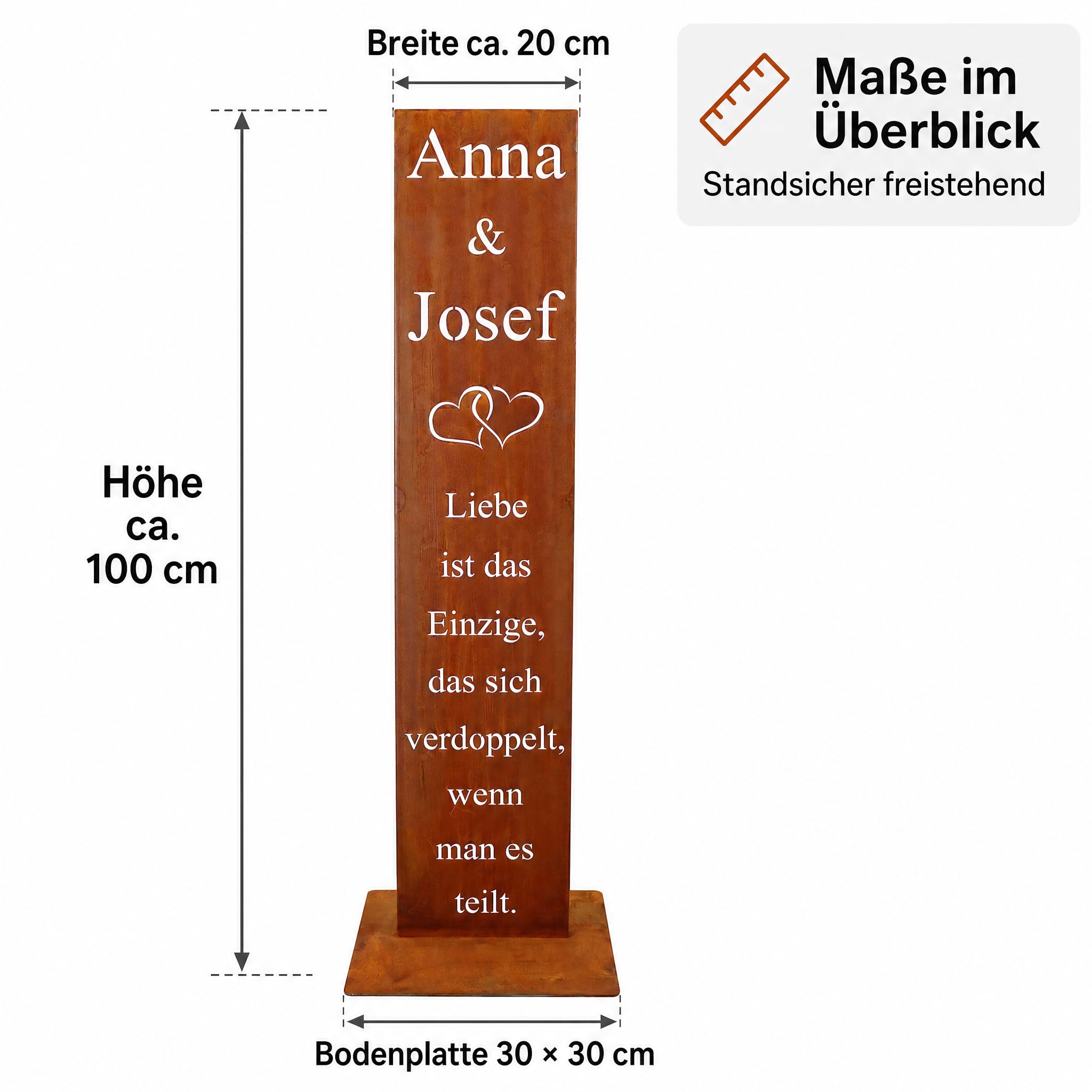 Rostikal Edelrost Spruchtafel 100 cm aus Cortenstahl – personalisierte Deko zur Hochzeit mit Namen & Herzmotiv – freistehendes Schild, handgefertigt in Bayern, Hochzeitsgeschenk