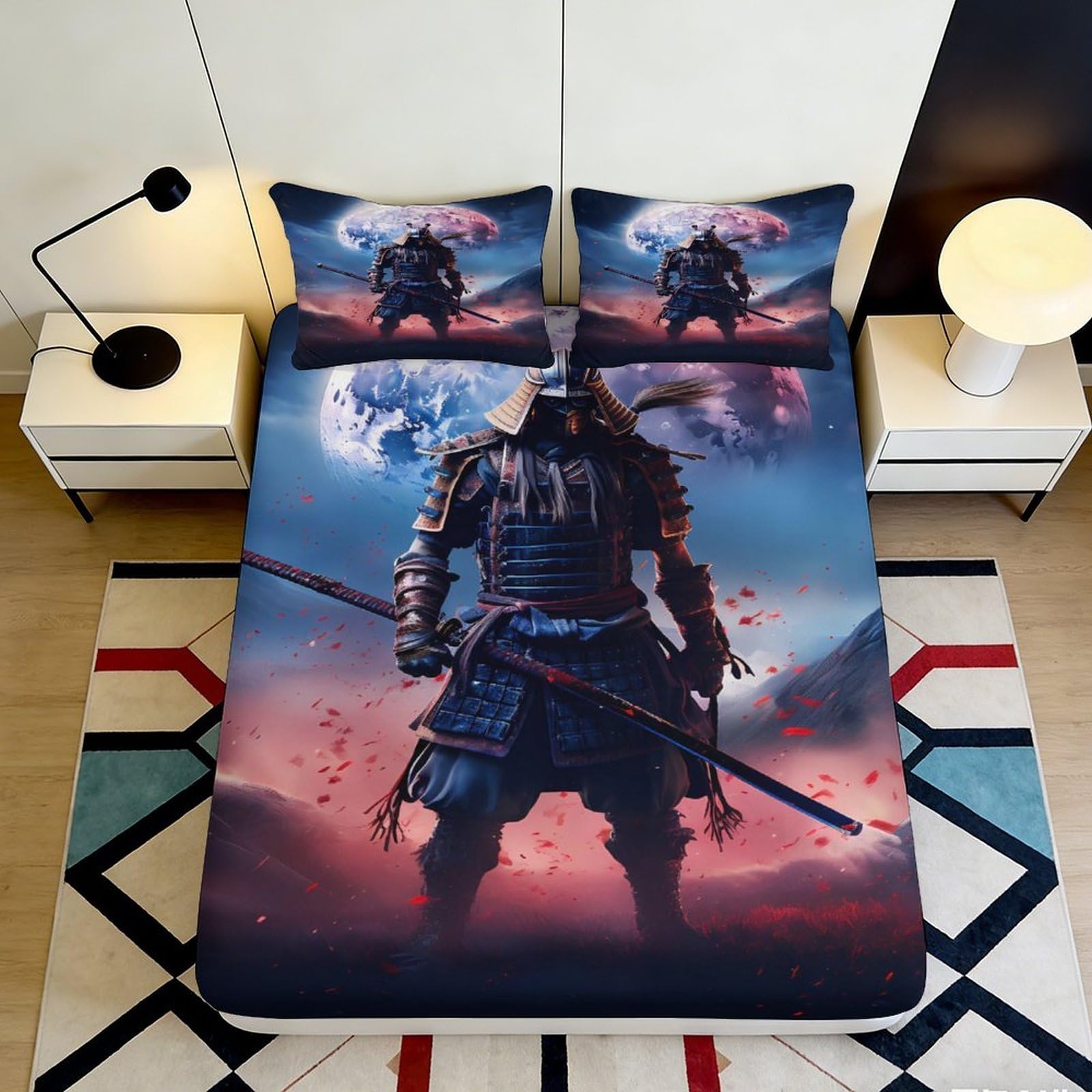 3D Printed Samurai Warrior Fitted Sheet Microfiber Soft Breathable Moon Landscape Mattress Cover for Bedroom Dorm Decor 140x200x25cm