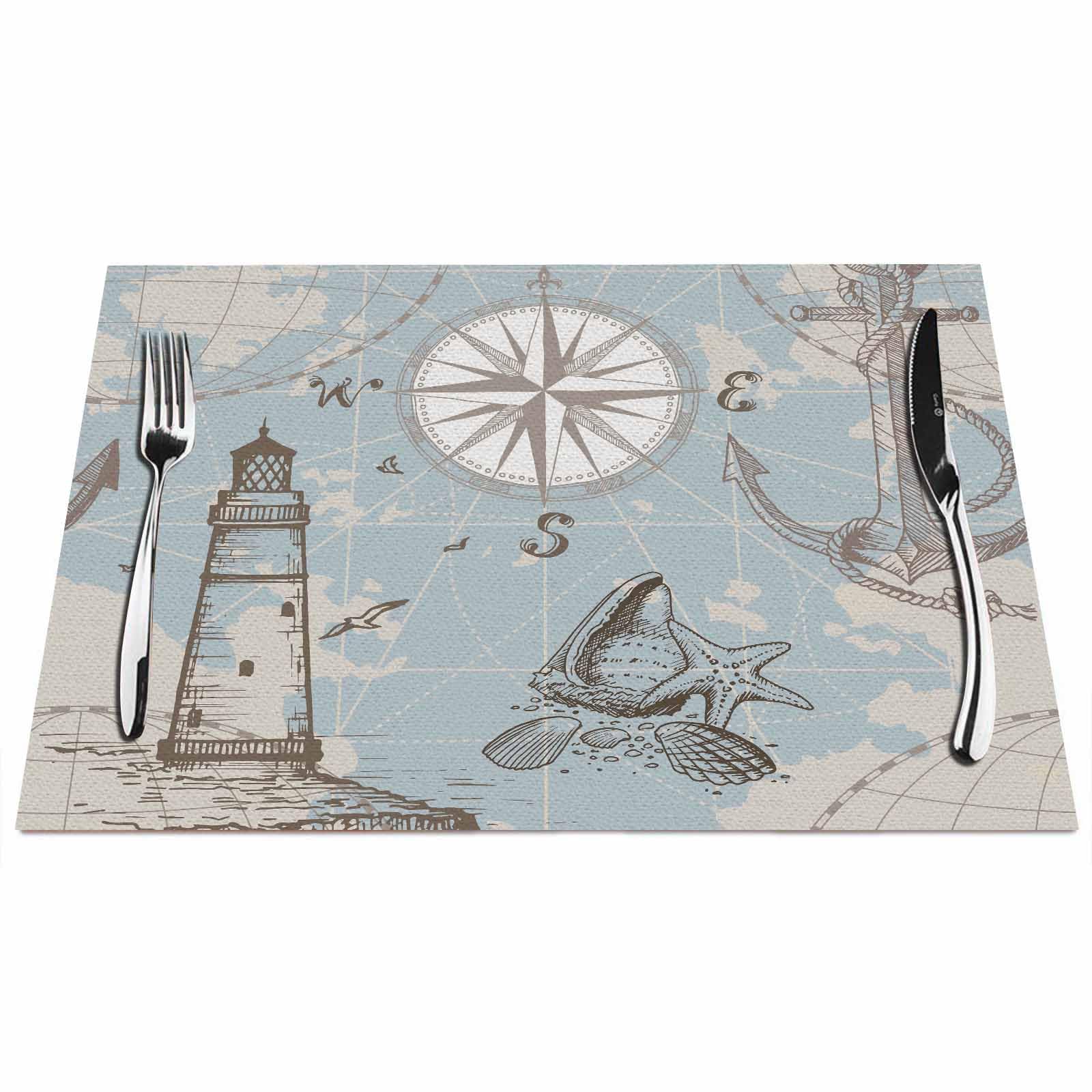 Walmsco Placemats Ocean Map Shell Anchor Decor For Dining Room Kitchen Table,Waterproof Non-Slip Washable Heat Resistant Placemats,Set of 4,12"x18"