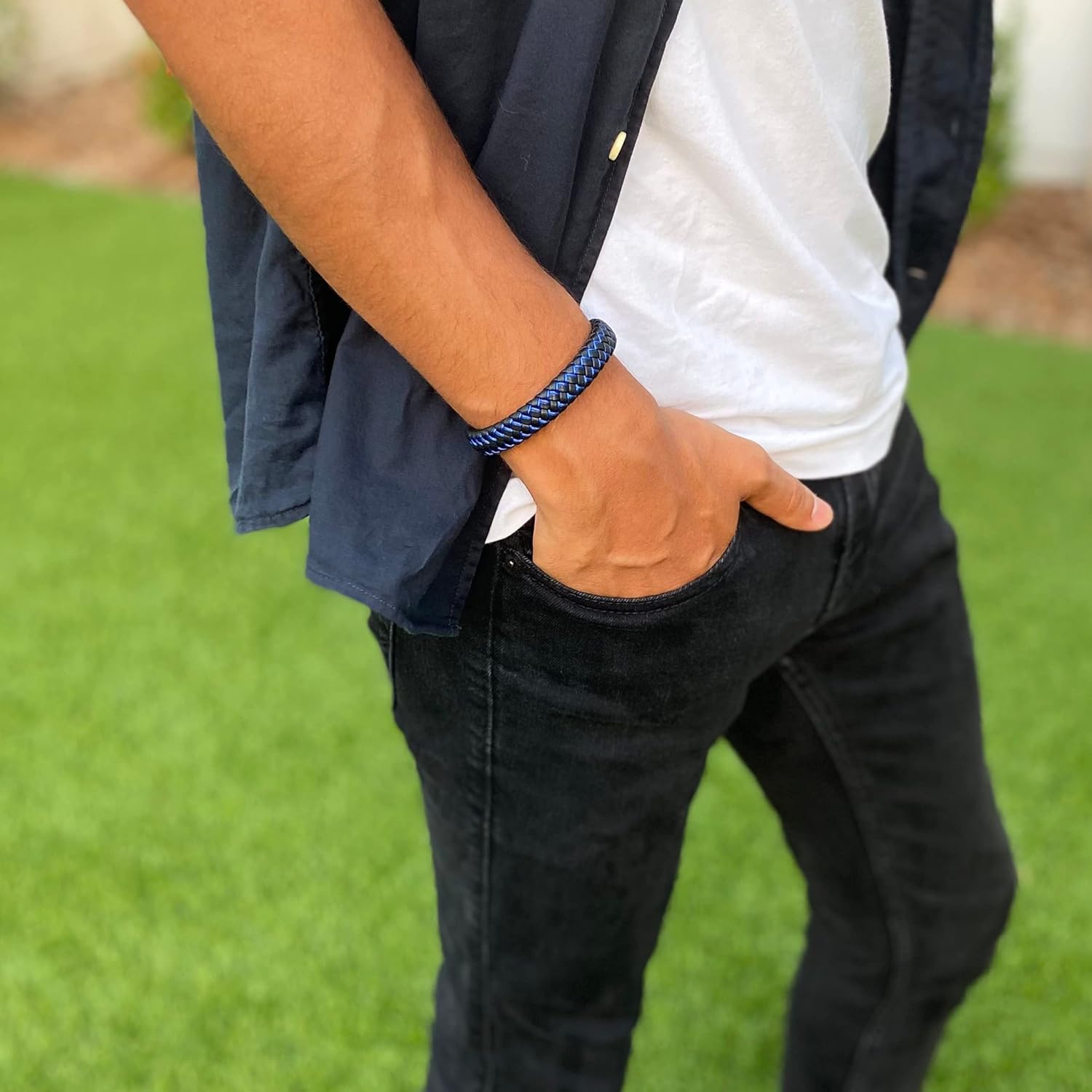 Forziani Premium Black Blue American Woven Leather Bracelet for Men – Genuine Braided Leather Wristband with Stainless Steel Clasp - Size Large - Gift Box Packaging Included - Mens Gift - Image 2