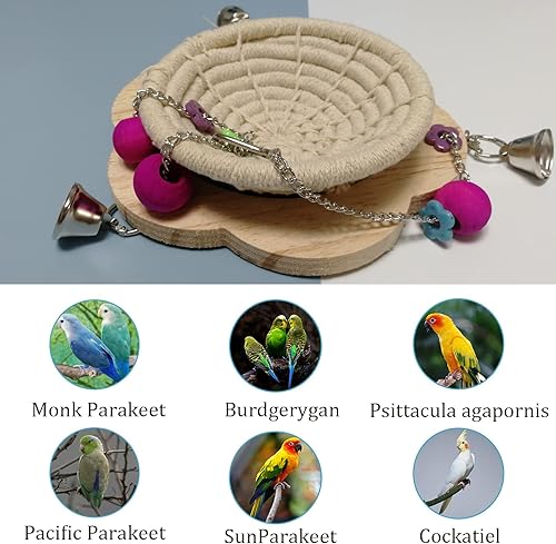 Miniatura 6 de Diaertiny Cama colgante de loros con columpio colorido soporte de madera, juguetes y campanas, cuerda de cáñamo de algodón hecha a mano para