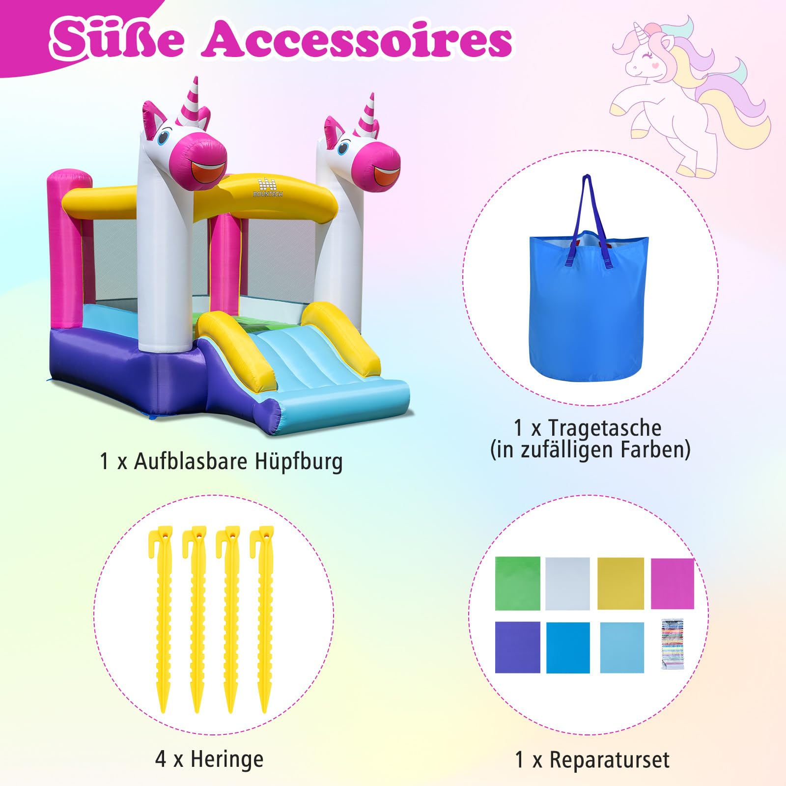 COSTWAY Hüpfburg mit Rutsche und Sprungbereich, kleine Bouncy Castle für Kinder, Innen- und Außenbereich, inkl. Tragetasche, Reparaturset, 260 x 195 x 219 cm