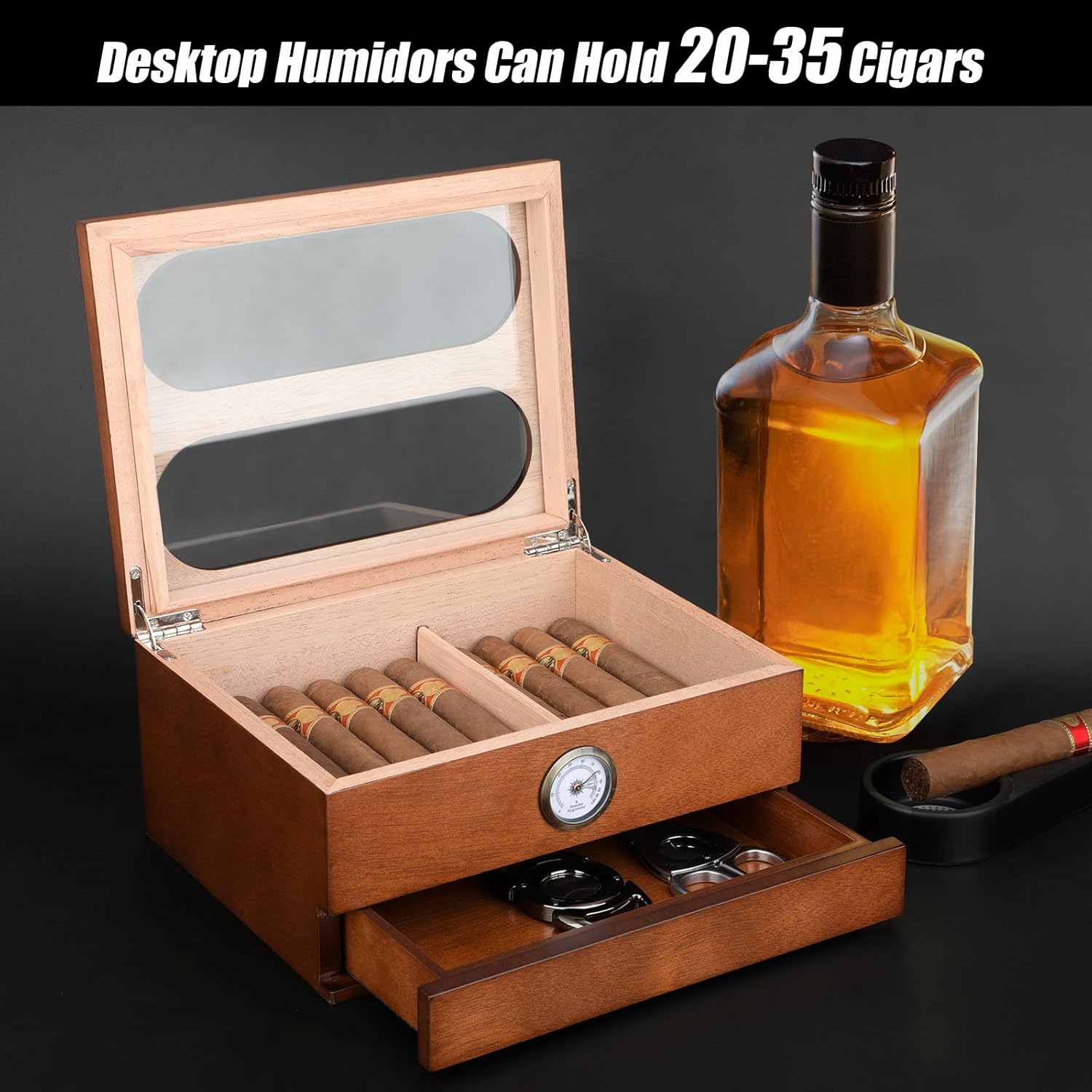 COOL KNIGHT Cigar Humidor with Front Hygrometer, Humidifier and Accessory Drawers-Tempered Glass Top Cigar Humidor Box - Spanish Cedar Humidor-Desktop Humidor That can Hold 20-35 Cigars. - Image 5