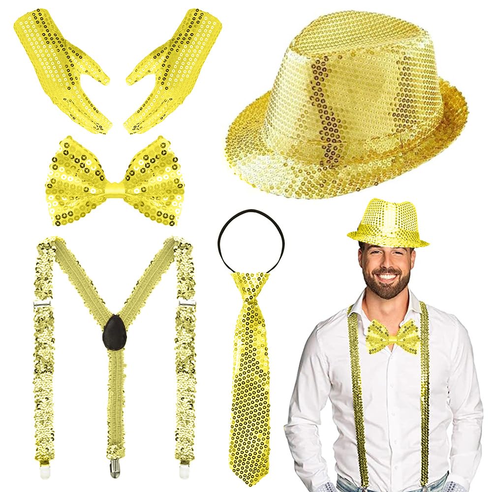 Glitzer Accessoires Set Herren - Pailletten Hut & Hosenträger Für Partys