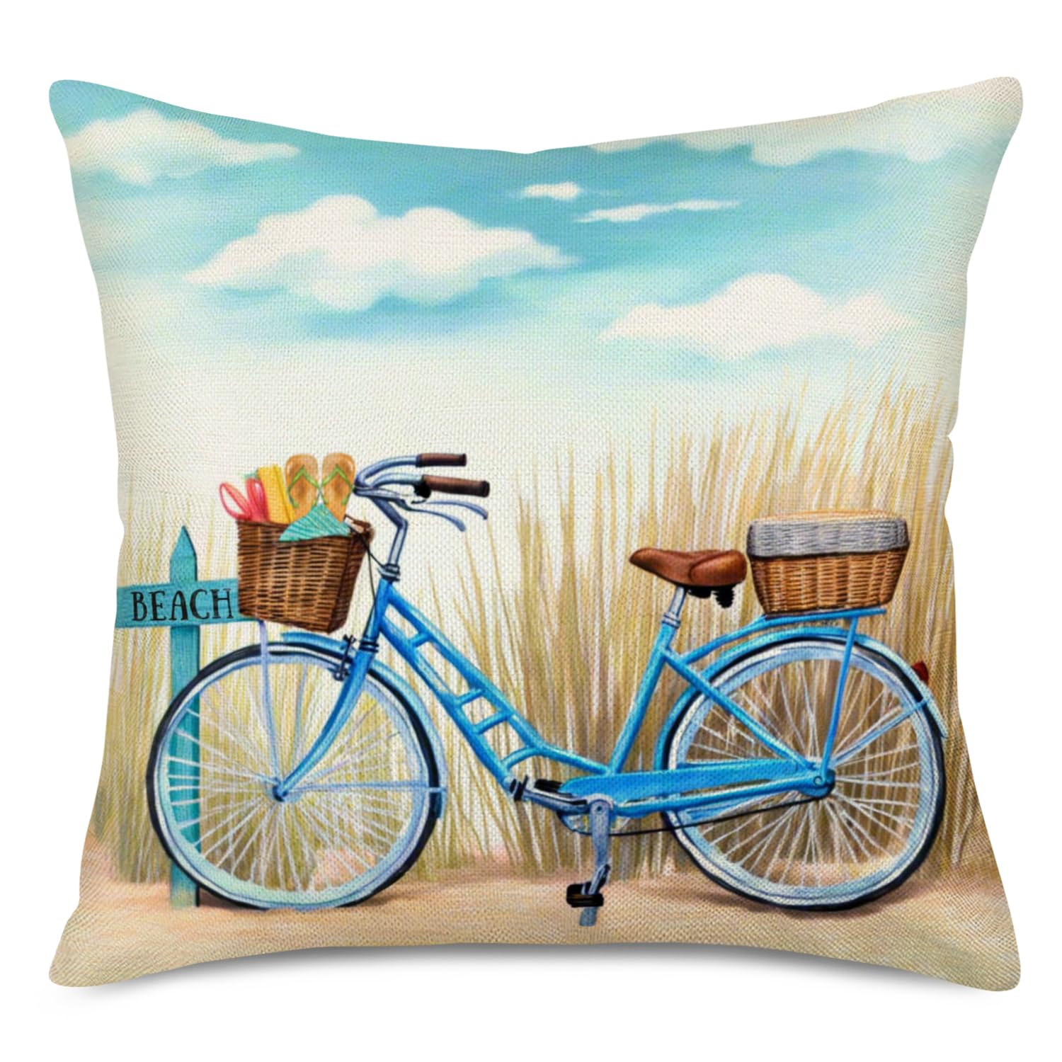 Asminifor Beach Decorative Throw Pillow Covers Blue Bicycle on Beach Rustic Farmhouse Pillow Covers Cotton Linen Coastal Outdoor Decor Cushion Cover for Sofa Bedroom 18x18 inch Pillowcase (Bike10)