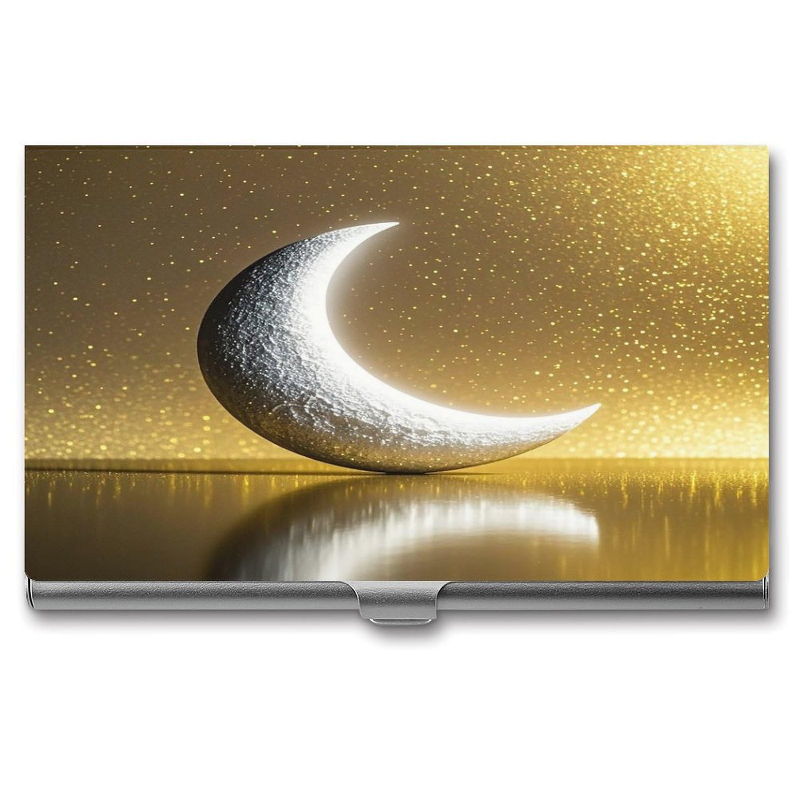 FekiLoot Golden Background And Crescent Moon Business Card Holder Aluminum Alloy Business Card Case Convenient to Carry Business Card Dispenser for Men Women