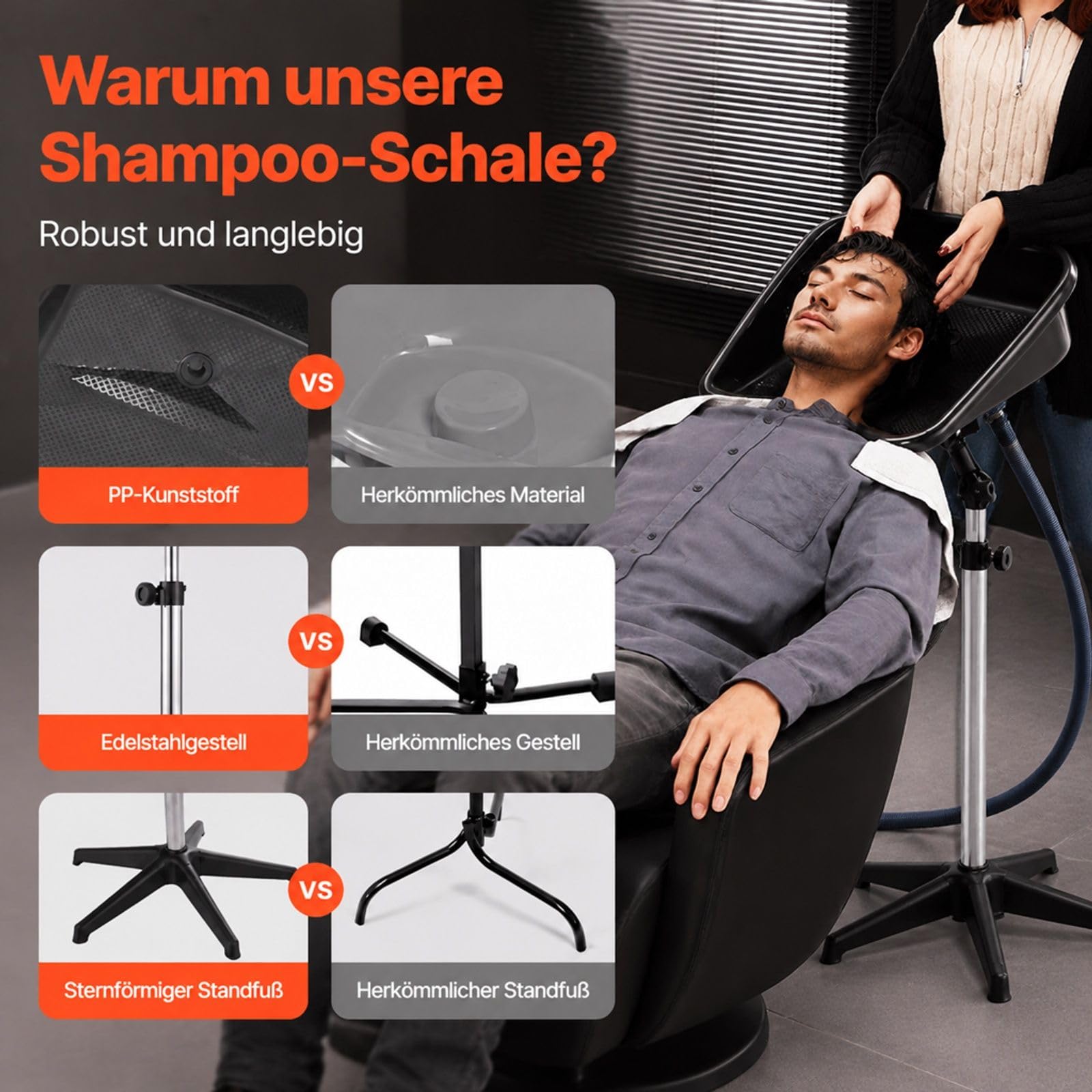 Mobiles Haarwaschbecken mit Standfuß, höhen- und winkelverstellbar, Ablaufschlauch für Friseursalon und Barbershop