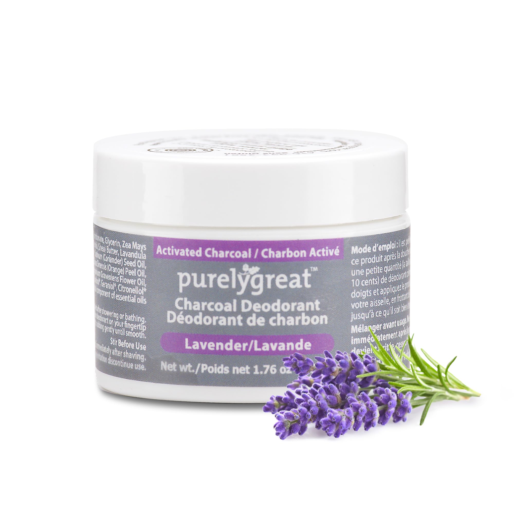 Purelygreat Natural Deodorant with Activated Charcoal | For Men & Women | Long-Lasting, EWG Verified, Vegan, Aluminum Free, Cruelty-Free, No Aluminum, No Parabens, BPA Free | Lavender Scent
