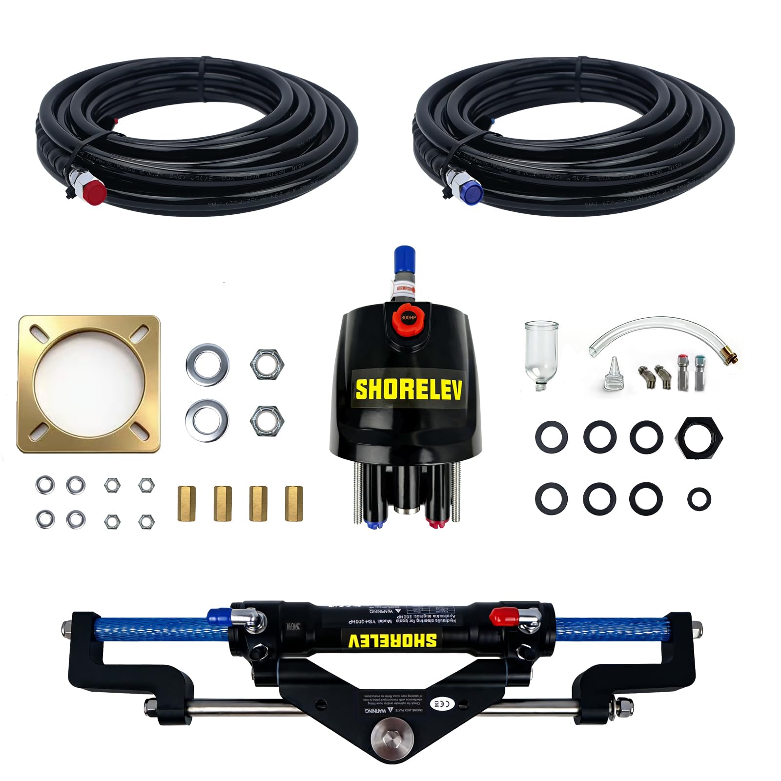 Hydraulic Steering Kit for Boats up to 300HP, 1000PSI Marine Hydraulic Steering System with Pump, Cylinder, 2×26ft Hoses &amp; Fittings for Outboard Motors