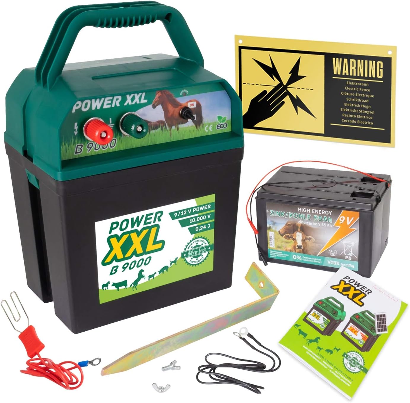 Power XXL "B 9.000" - 9V / 12V Energiser | 0.24 J, 10000 V | incl. 9V Battery 60Ah + Warning Sign | Real Power for Little Money | for Fences up to 3.5 km
