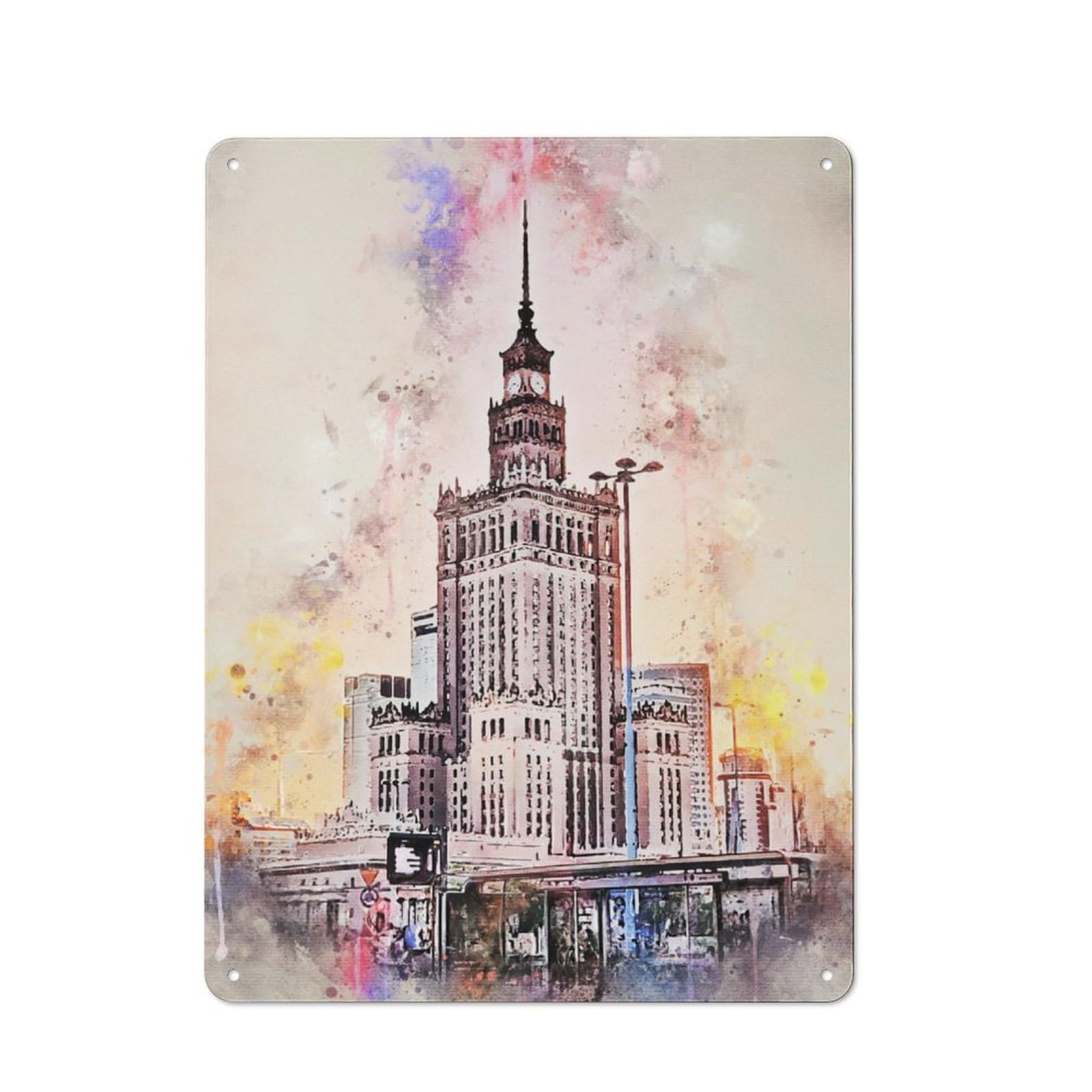 Junmoney Warsaw In Watercolor Rustic Metal Sign 40X30cm Featuring For Living Room Wall, For Vintage Wall Decor Fans, For Metal Sign Collectors