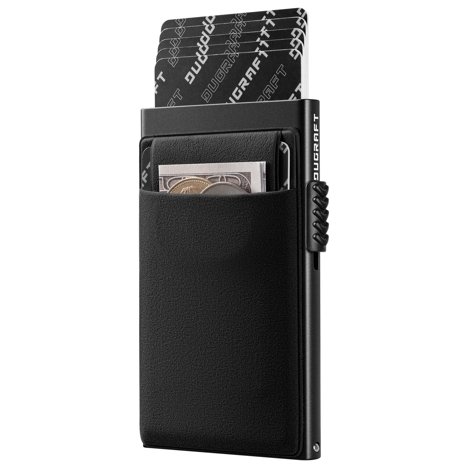 DUGRAFT Men's Pop-Up Credit Card Holder Wallet - Slim RFID Blocking Aluminium Metal Wallet with Coin Pocket, Holds 6+ Cards & Cash | Minimalist Gift Box Included - UK Mens Wallets Essentials, Black
