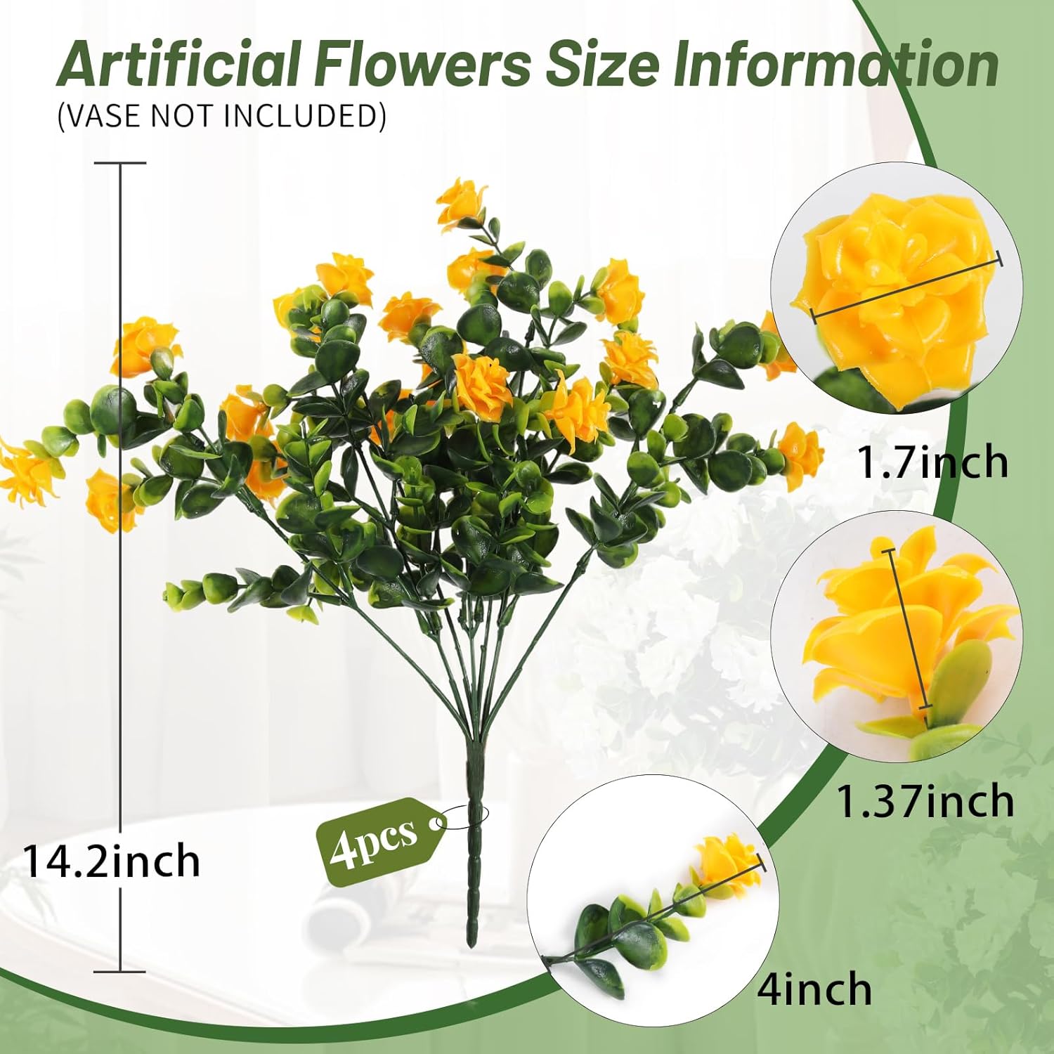 RECUTMS Artificial Fake Flowers Plants for Outdoor 4PCS Faux Rose Plastic Flowers UV Resistant No Fade for Outside Home Indoor Planter Porch Patio Balcony Yard Decor (Yellow)