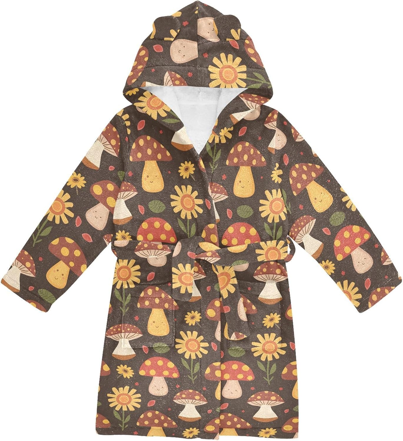 senya Mushroom and Sunflowers Toddler Hooded Bathrobe Kids Soft Plush Bath Towel Robes for Boys Girls 2-12 Years