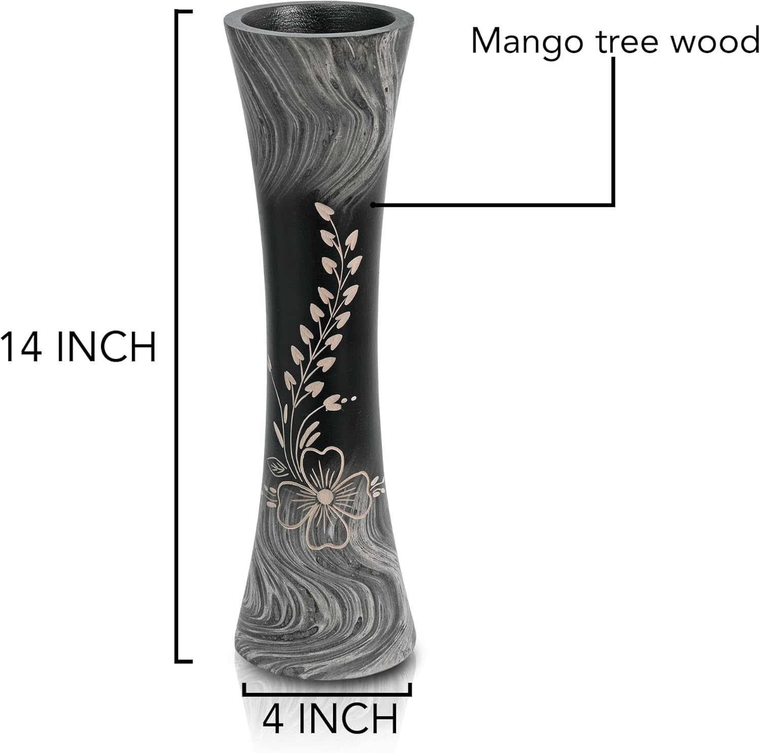 AeraVida Elegant Garden Shadows Handcarved Floral Motif on Concaving Wooden Table Vase with Black & White Stain for Bali Chic Home Décor with Nature Inspired Feels
