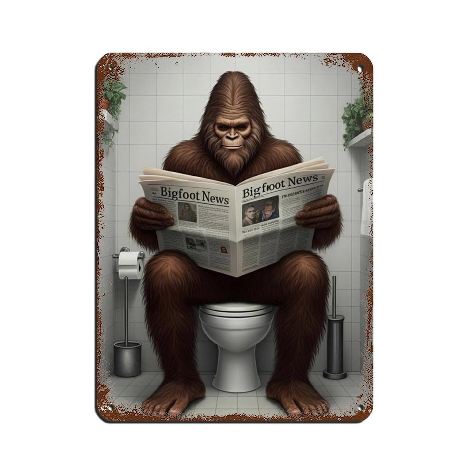 Bigfoot Sitting on Toilet Bathroom Art (2) Retro Poster Metal Tin Sign Chic Art Retro Iron Painting Bar People Cave Cafe Family Garage Poster Wall Decoration 12x16inch(30x40cm)