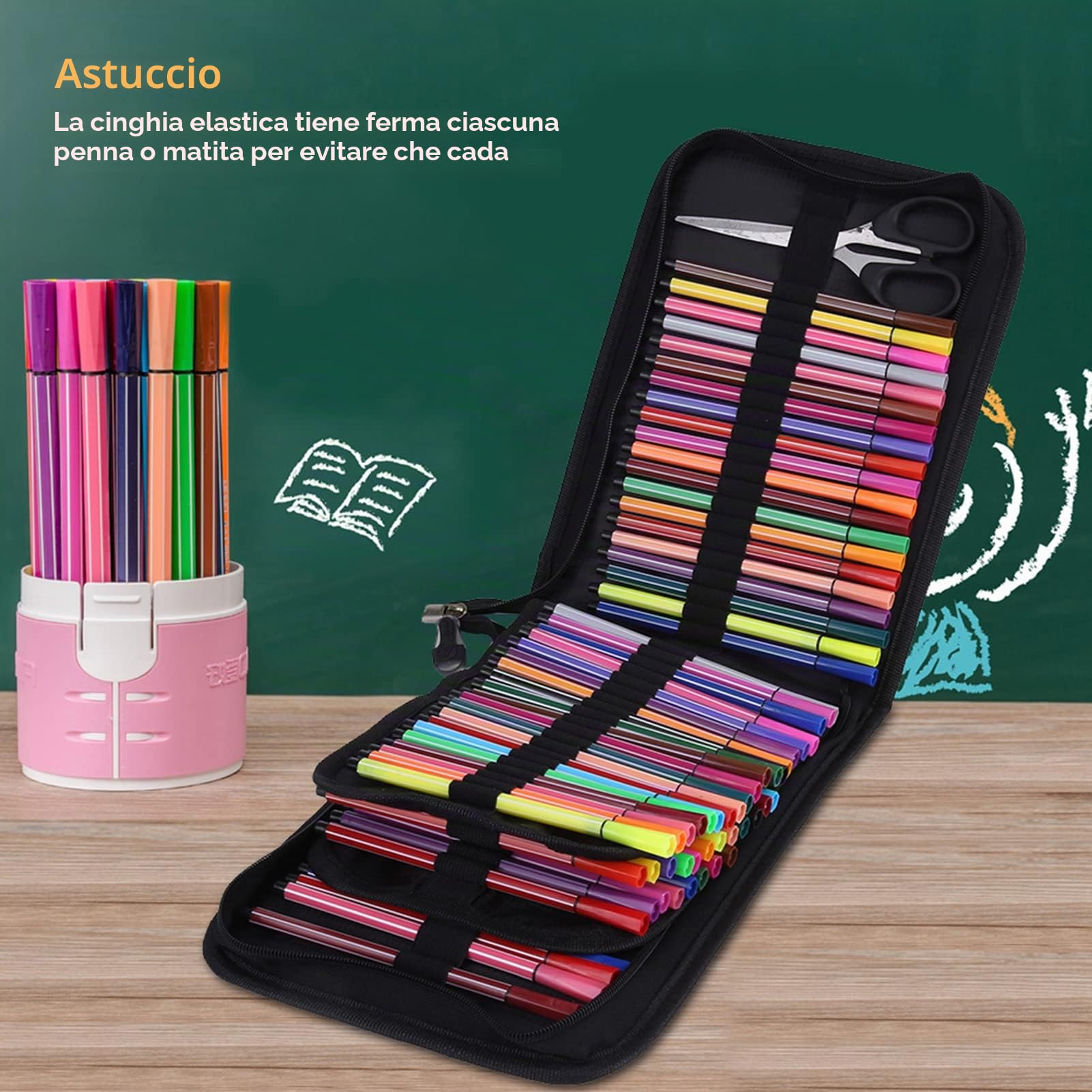 Astuccio con 72 o 120 scomparti, grande capacità, in lino, borsa portaoggetti, supporto singolo, portapenne, portapenne, organizer con cerniera (120 tasche pieghevoli (nero))