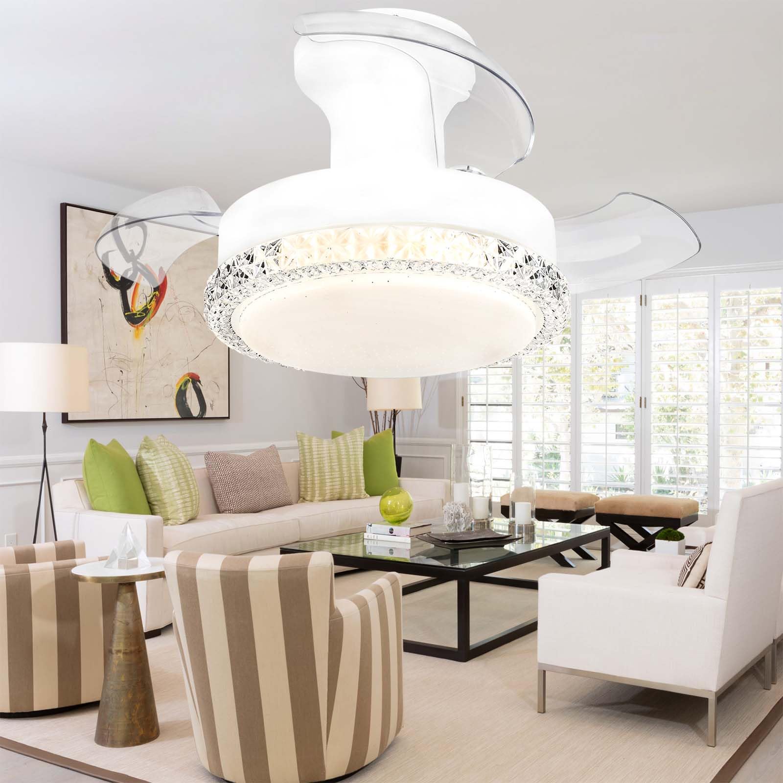 SXDMOUBK 52cm Retractable Ceiling Fan with Light LED Chandelier 6 Speed Adjustable Quiet Reversible Blades Ideal for Bedroom & Kitchen White Finish
